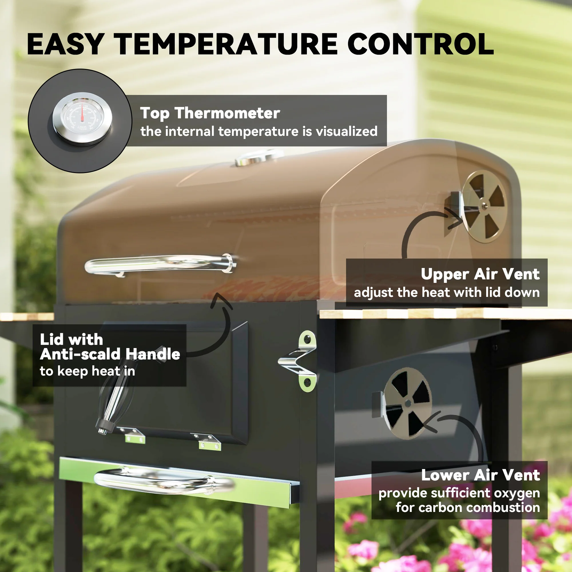 Outsunny Charcoal BBQ Grill With Warming Rack 3 Shelves Temperature Gauge - Image 6