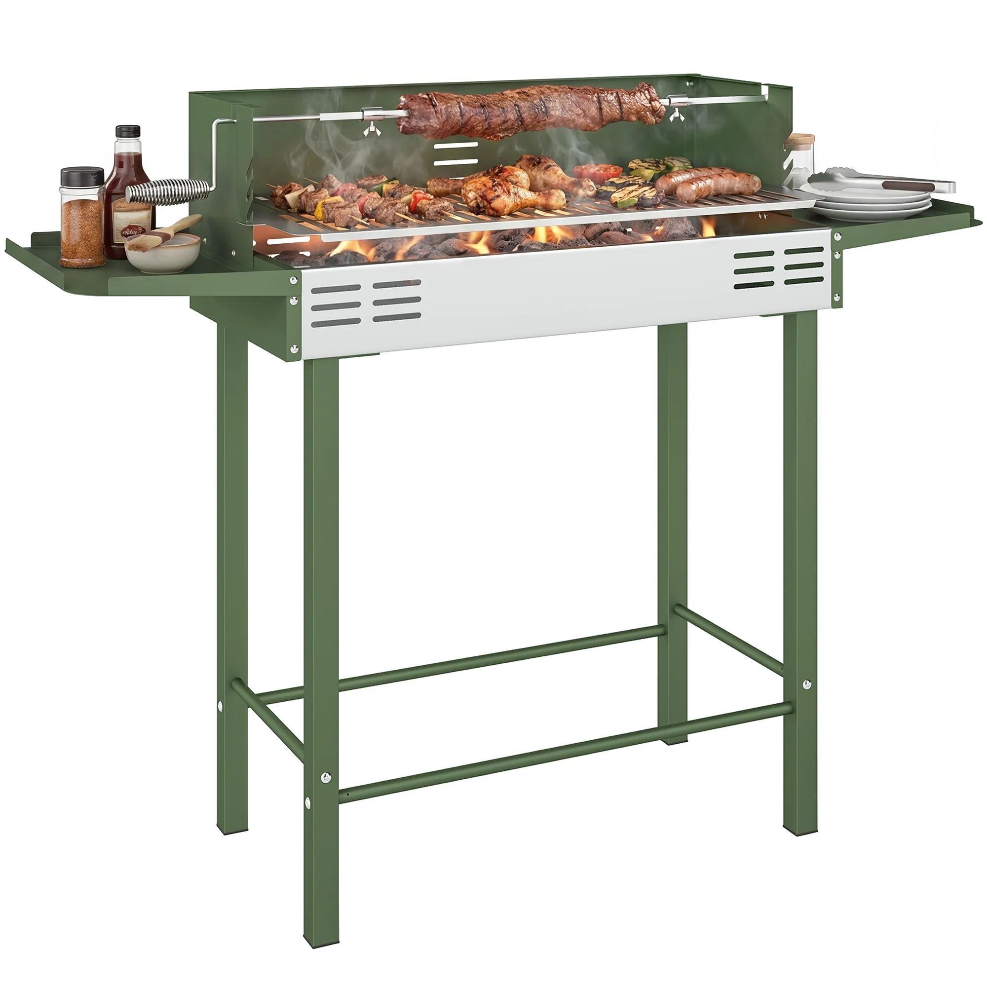 Outsunny Charcoal Spit Roasting Machine w/ 3-Tier Grill Grate, Dark Green