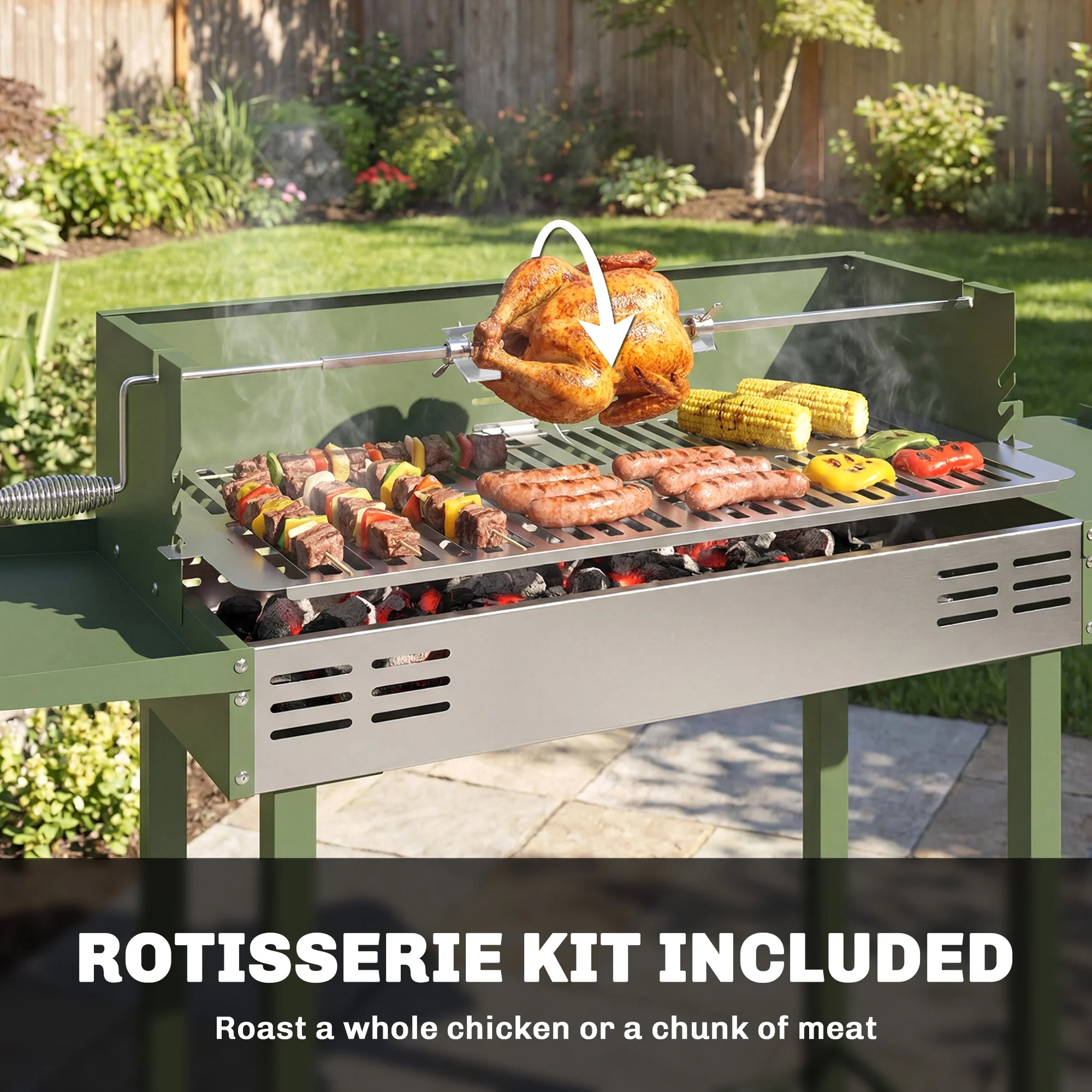 Outsunny Charcoal Spit Roasting Machine w/ 3-Tier Grill Grate, Dark Green - Image 4