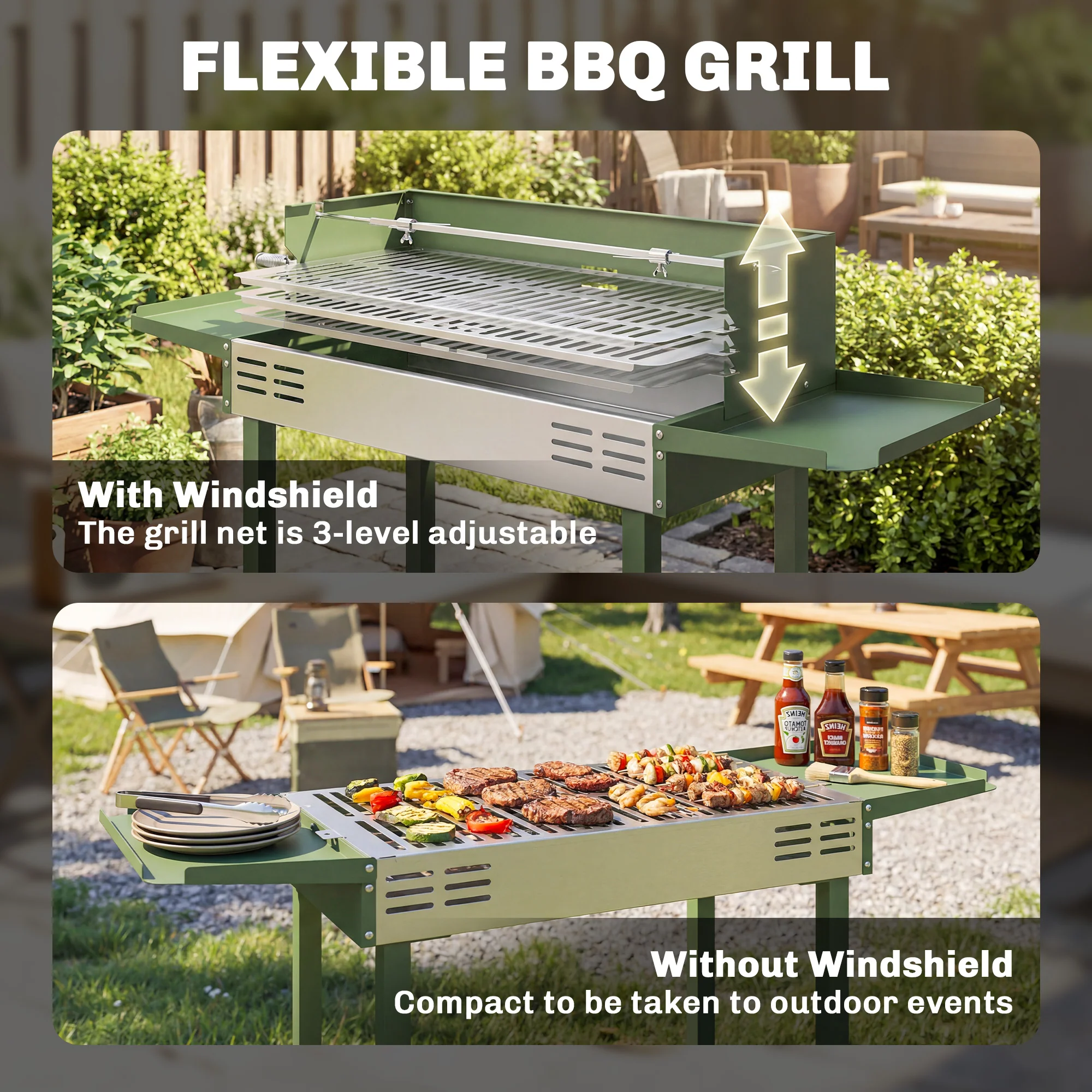Outsunny Charcoal Spit Roasting Machine w/ 3-Tier Grill Grate, Dark Green - Image 5