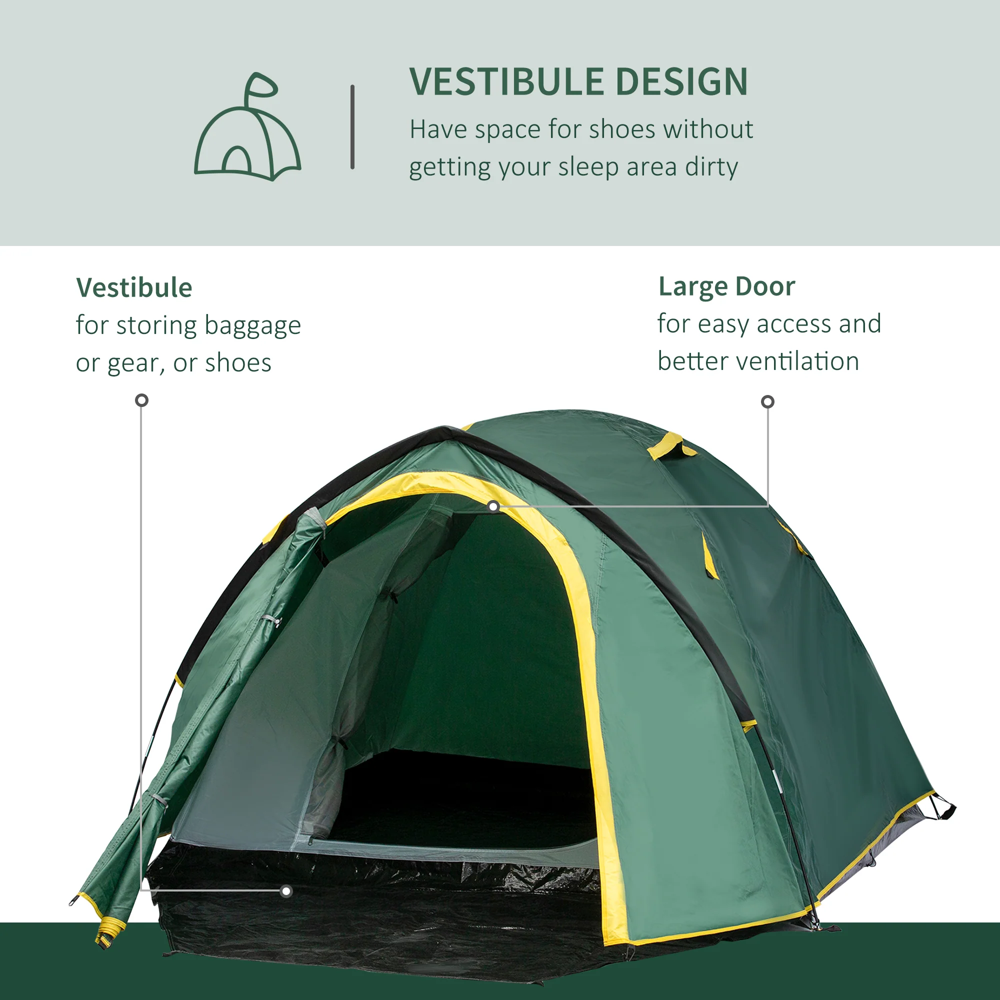 Outsunny Compact Camping Tent w/ Vestibule & Mesh Vents for Hiking Green - Image 3