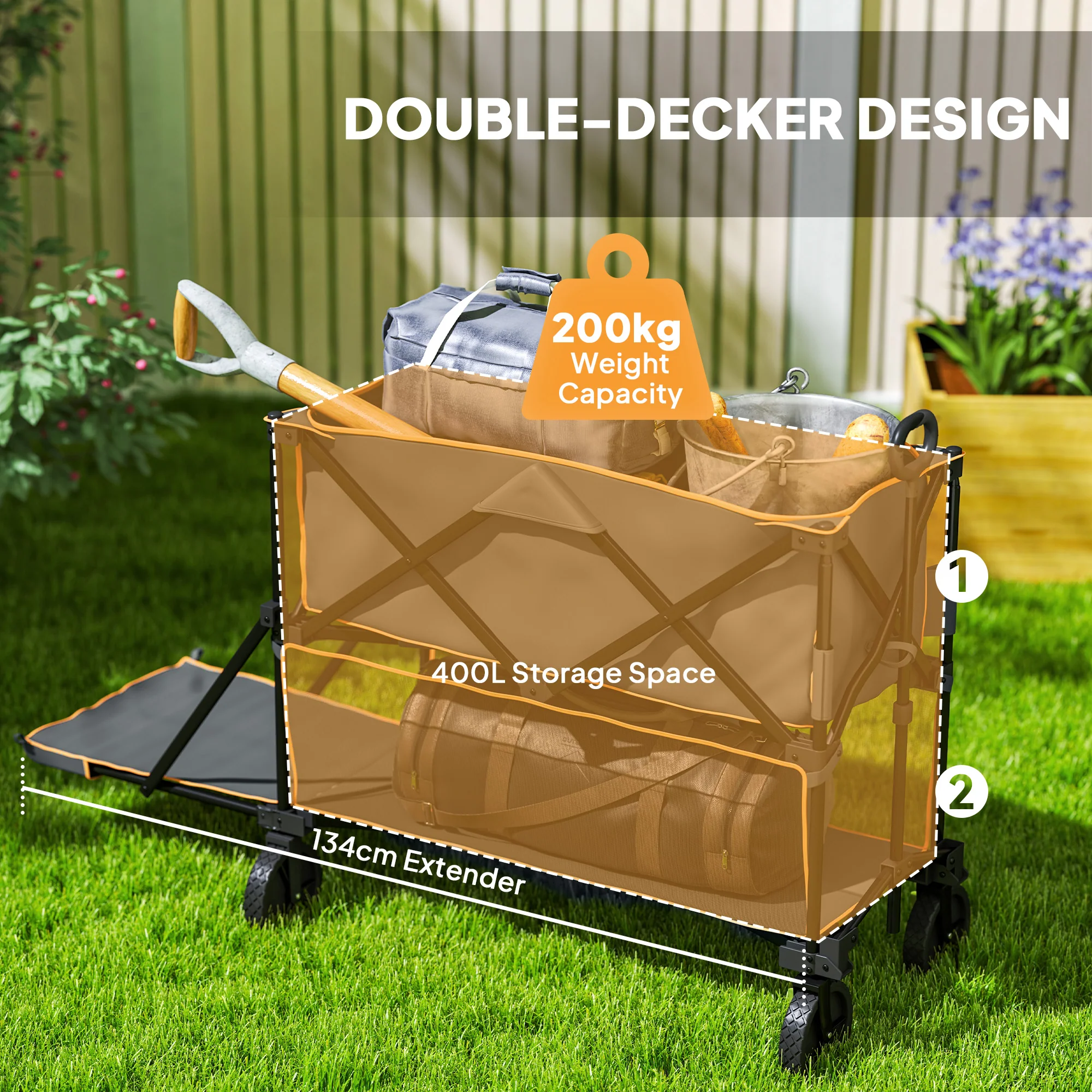 Outsunny Double Decker Folding Trolley Cart On Wheels, 200KG Capacity - Image 12
