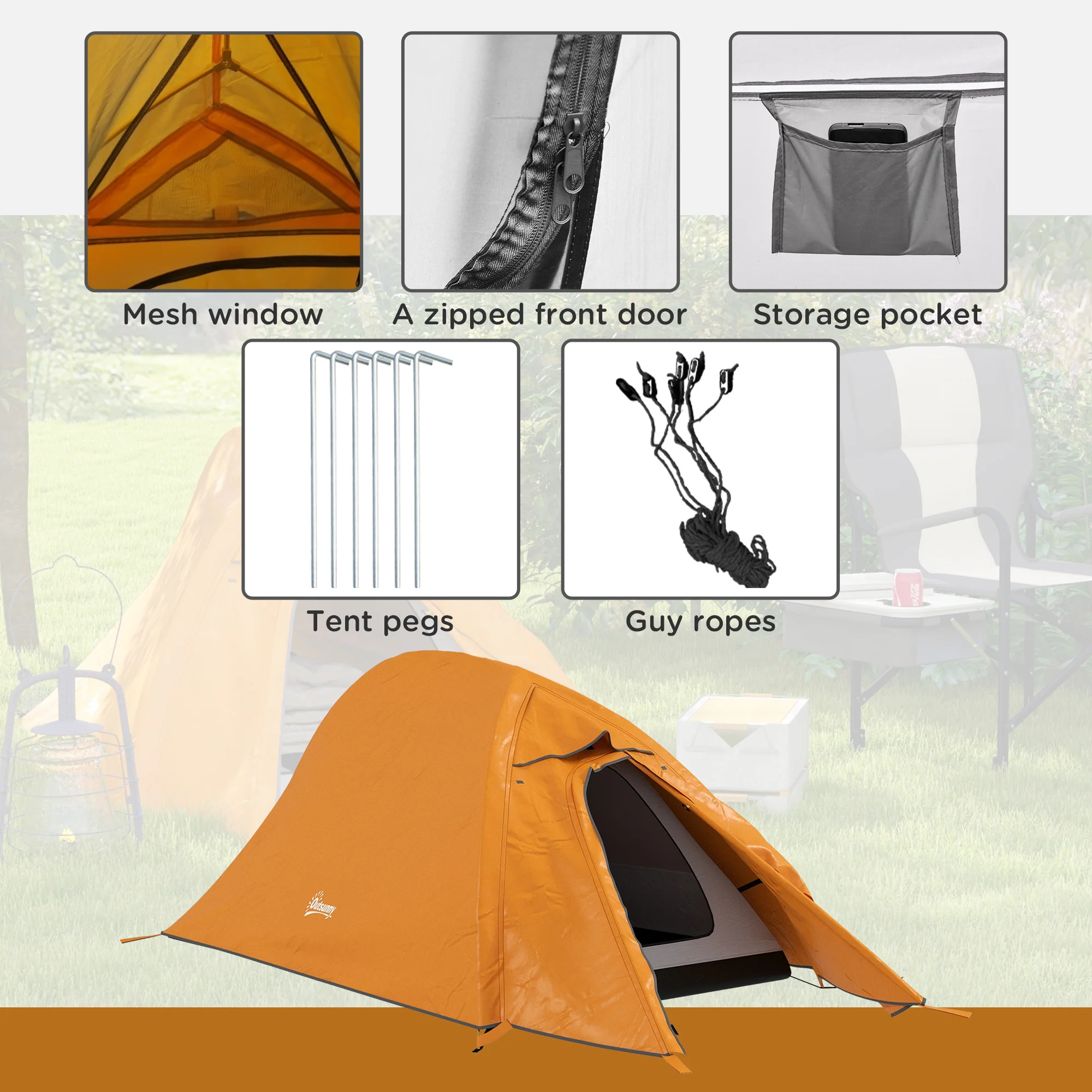Outsunny Double Layer Camping Tent For 1-2 Man, 2000mm Waterproof - Orange/Green - Image 6