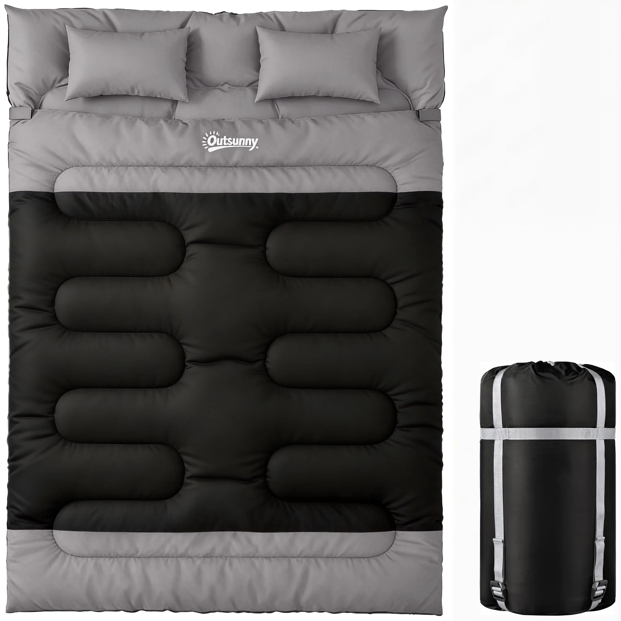 Outsunny Double Sleeping Bag With 2 Pillows, 220 X 160cm Sleeping Bag Grey