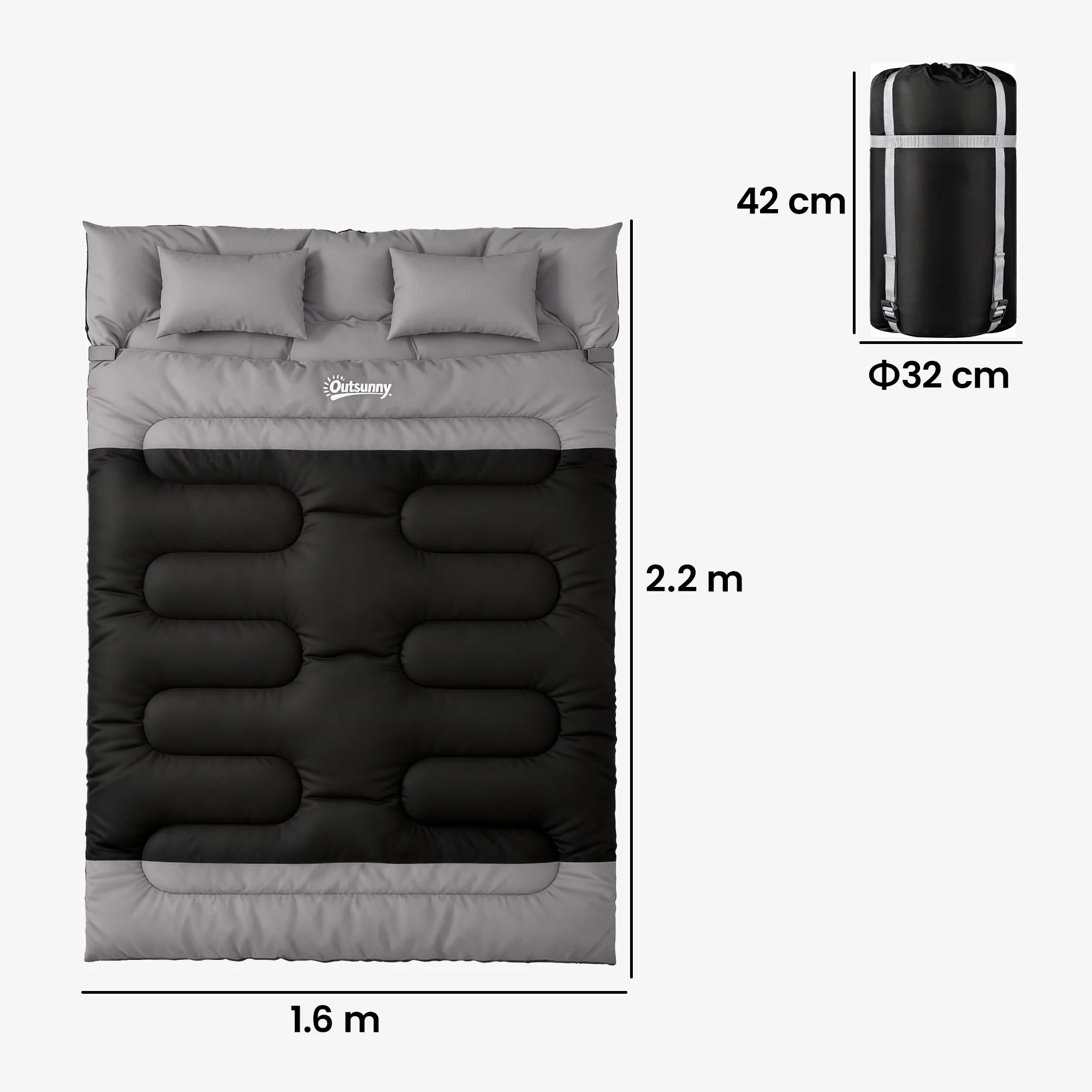 Outsunny Double Sleeping Bag With 2 Pillows, 220 X 160cm Sleeping Bag Grey - Image 5