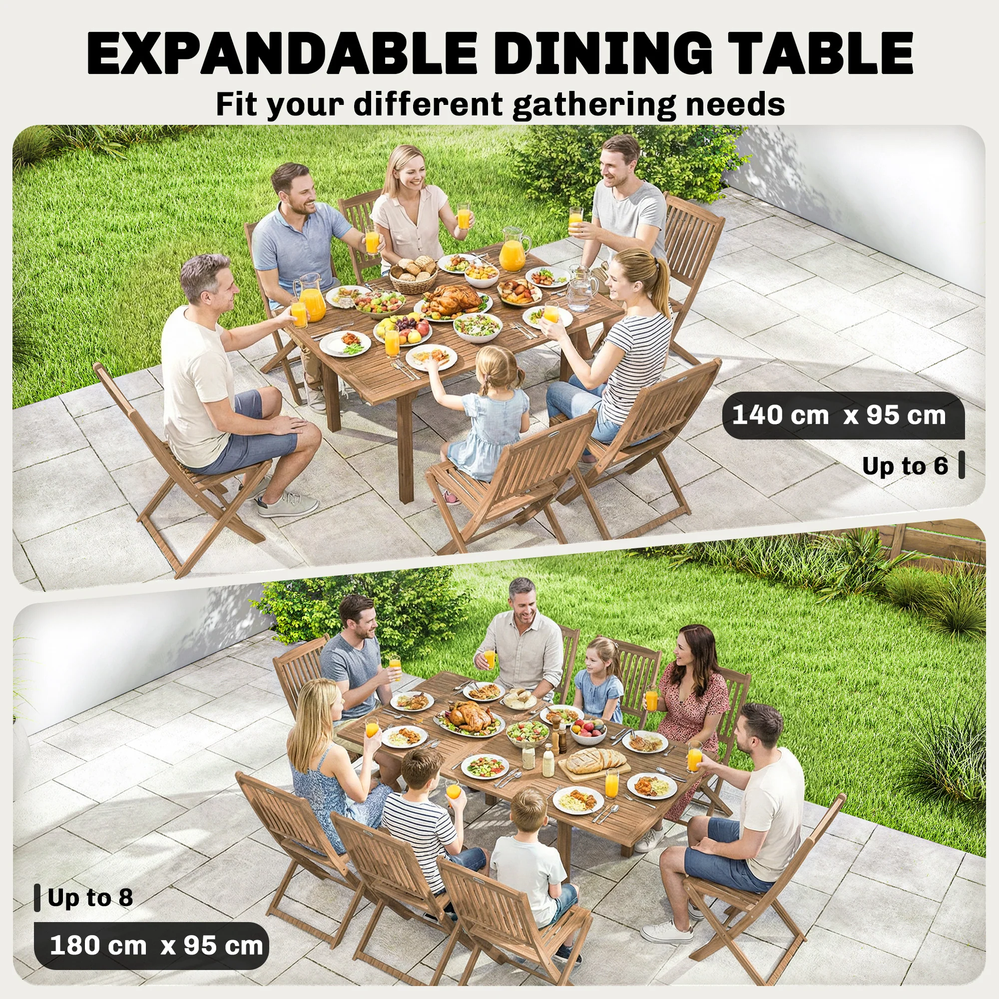 Outsunny Extending Garden Table, Acacia Wood Outdoor Dining Table For 6-8 - Image 3