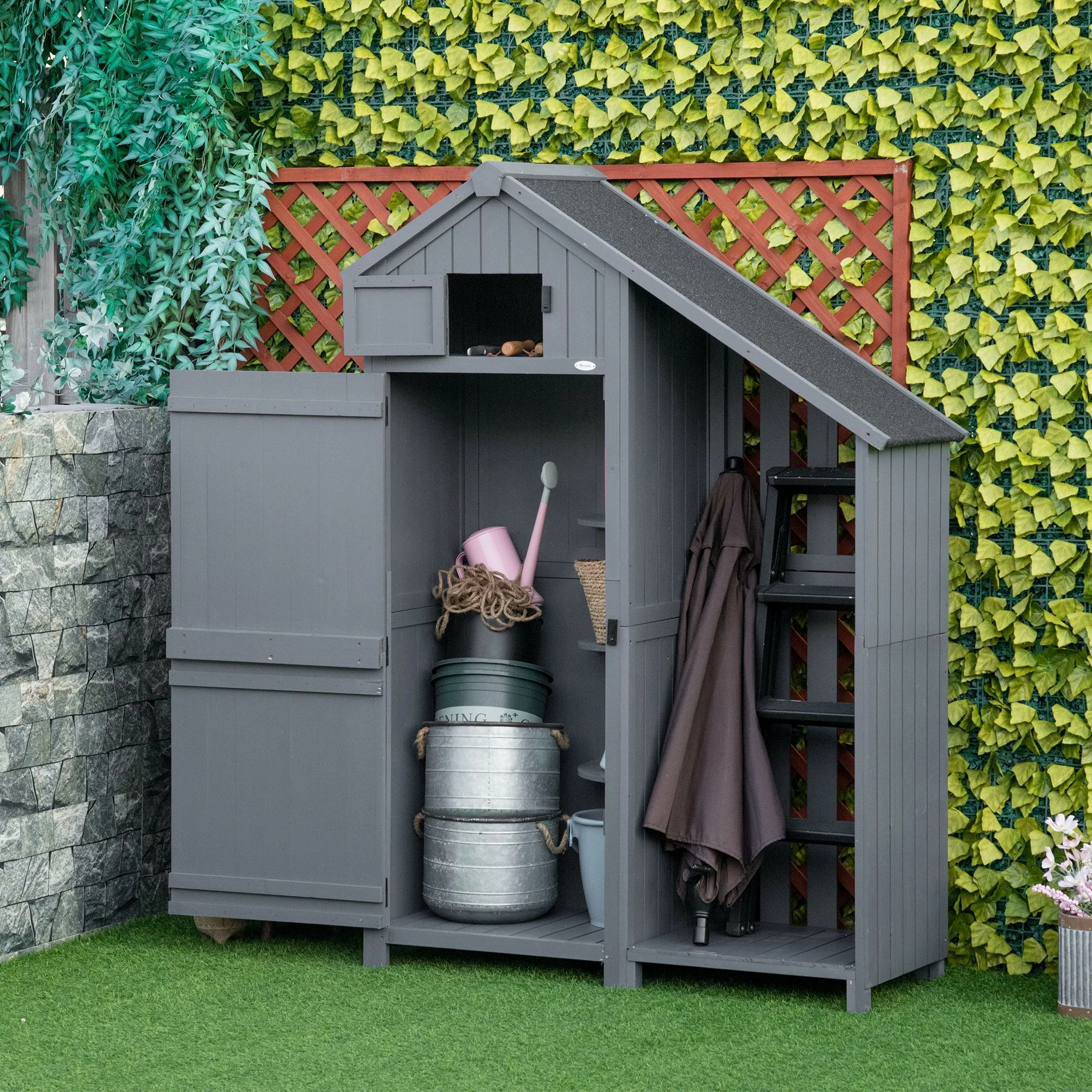 Outsunny Fir Garden Storage Shed With Shelves Log Rack, For Garden Tools - Image 2