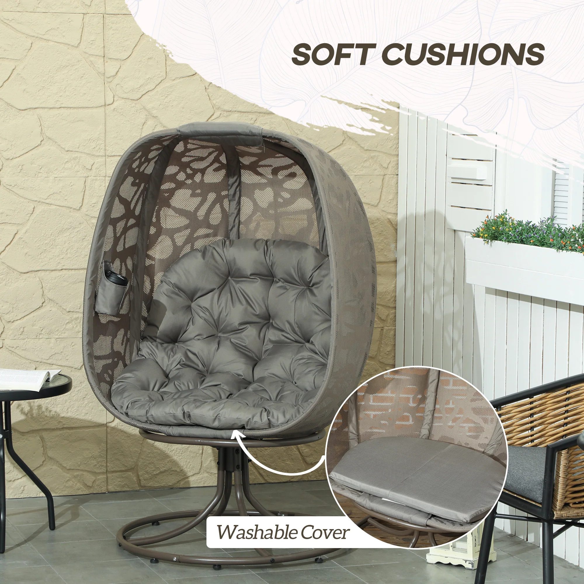 Outsunny Foldable Egg Chair with Cushions, Indoor Outdoor Swivel Lounger, Sand - Image 13