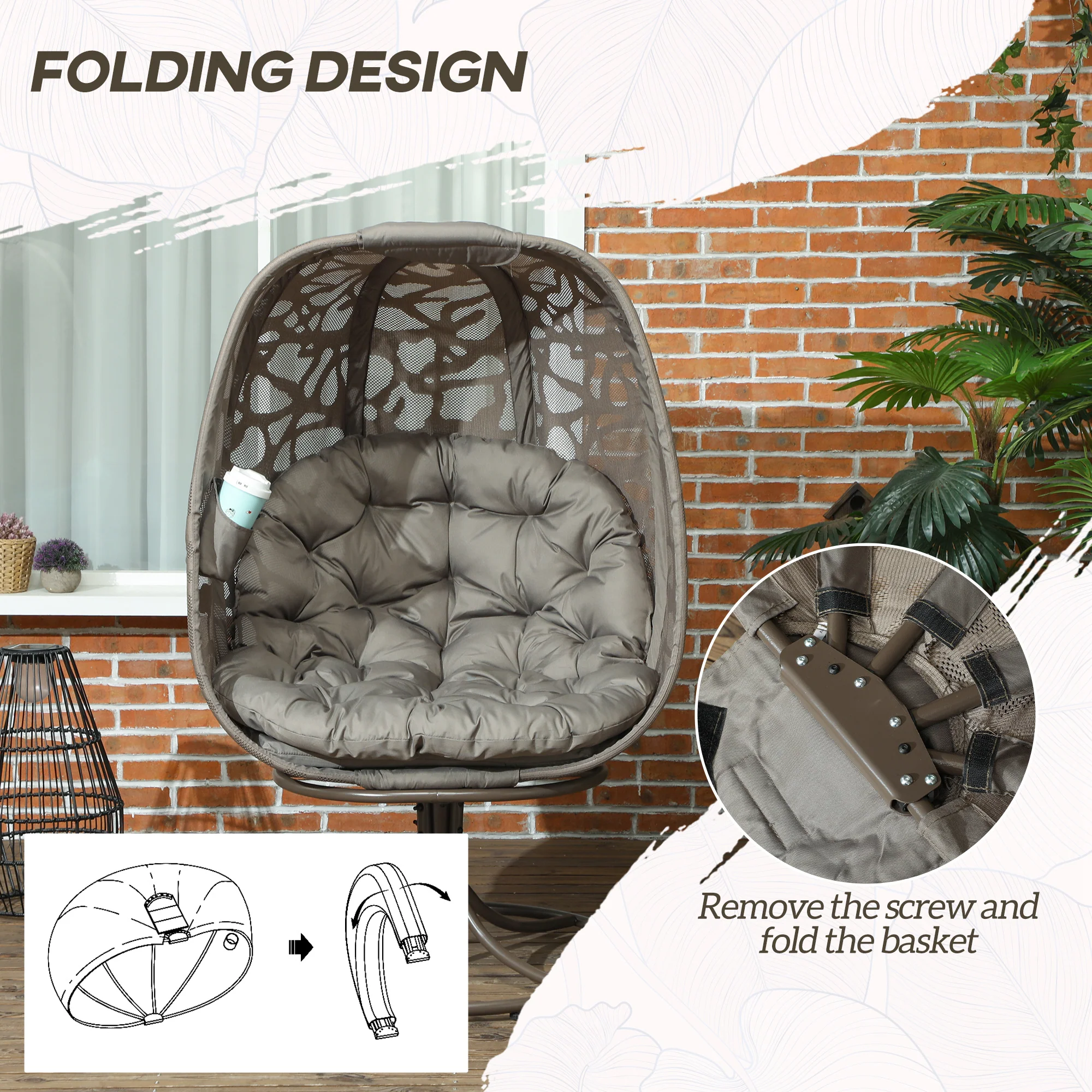 Outsunny Foldable Egg Chair with Cushions, Indoor Outdoor Swivel Lounger, Sand - Image 15