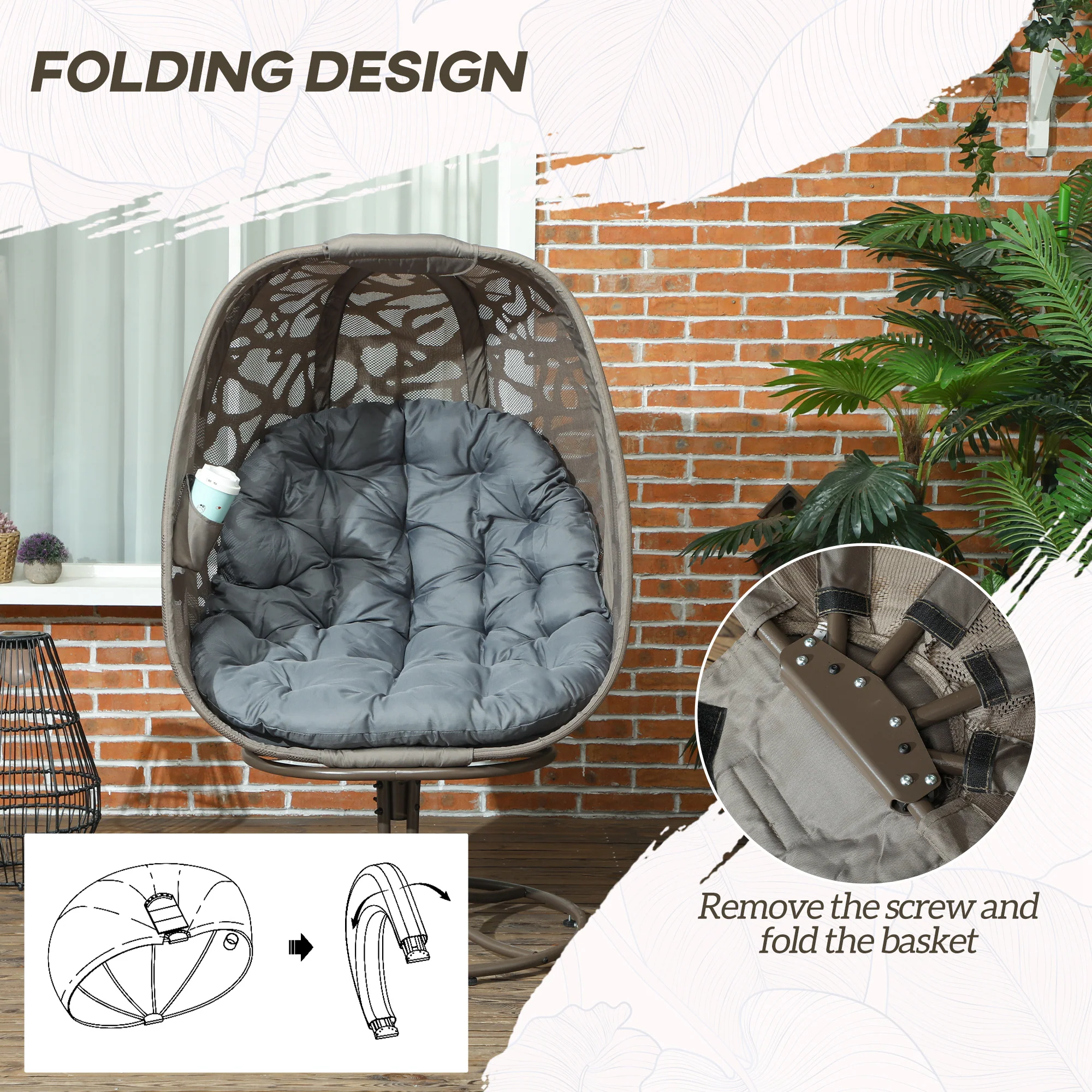 Outsunny Foldable Egg Chair with Cushions, Indoor Outdoor Swivel Lounger, Sand - Image 6