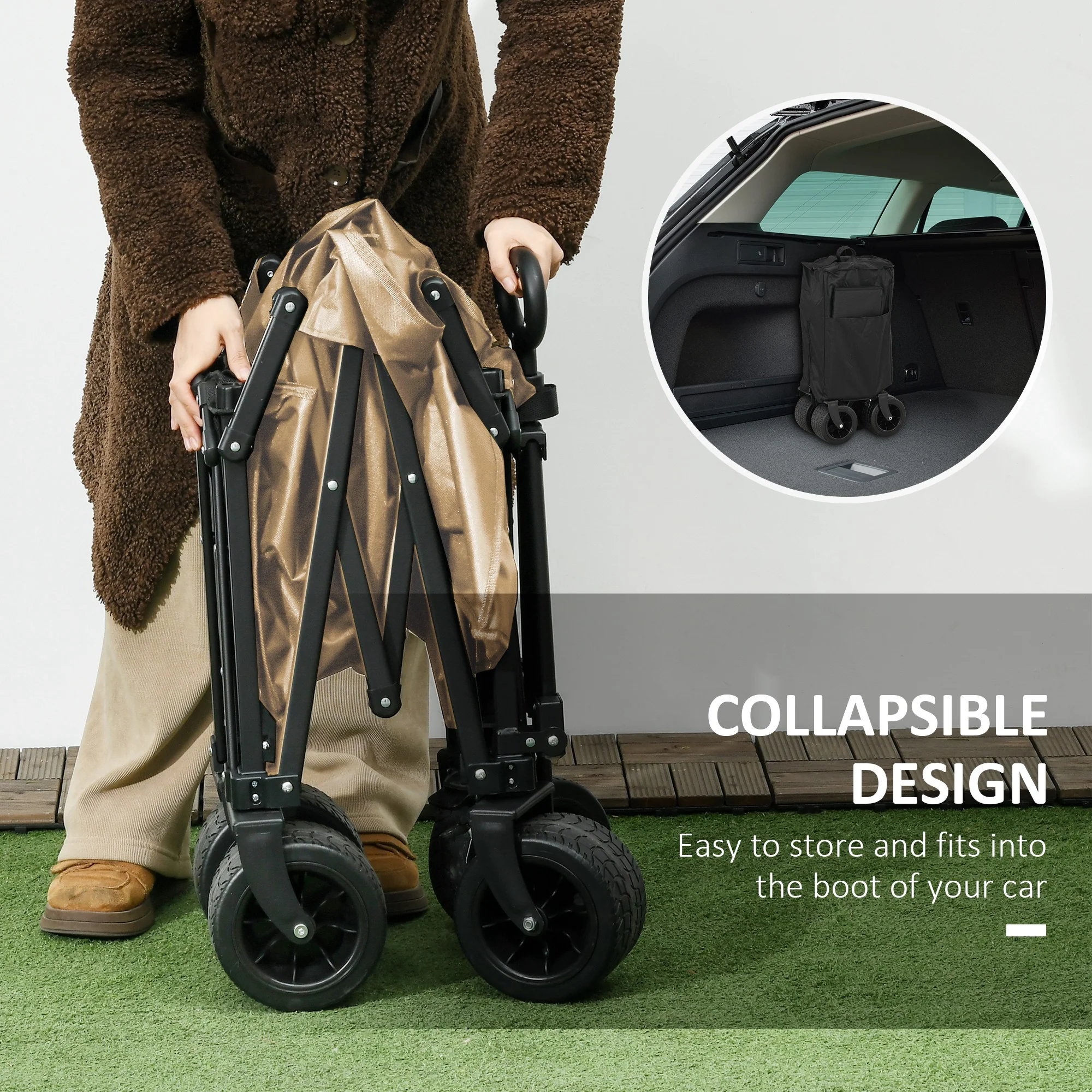 Outsunny Foldable Garden Cart, Outdoor Utility Wagon With Carry Bag, Khaki - Image 3