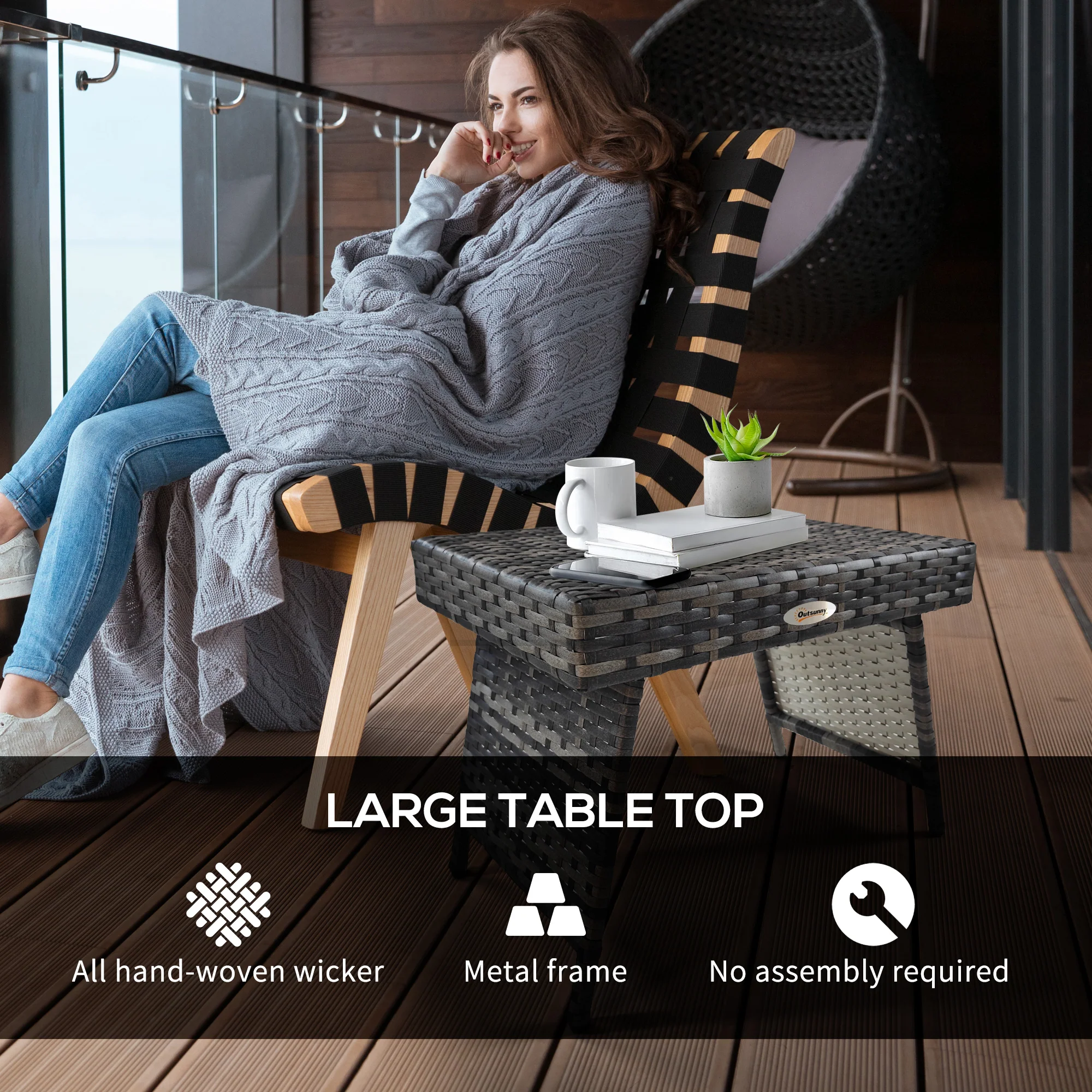 Outsunny Foldable Outdoor Coffee Table, Metal Frame Rattan Side Table, Grey - Image 4