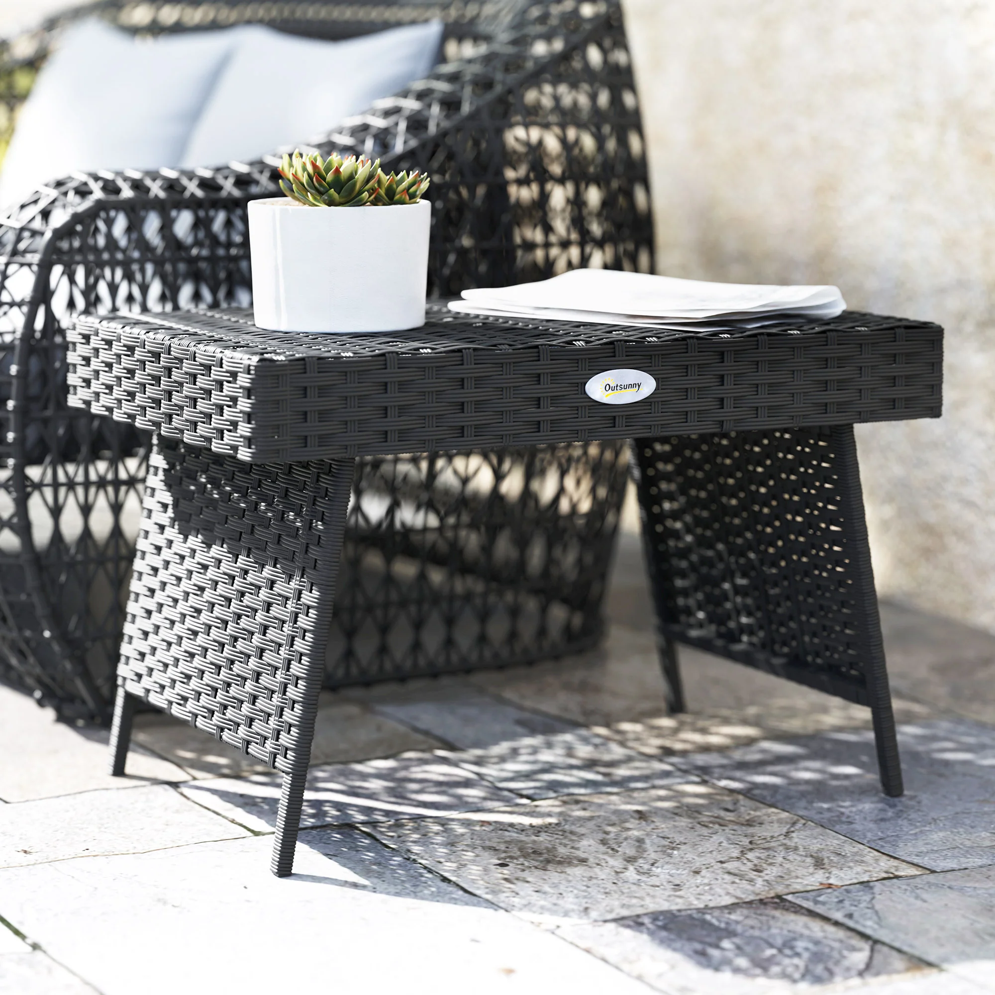 Outsunny Foldable Outdoor Coffee Table, Steel Frame Rattan Side Table - Image 8
