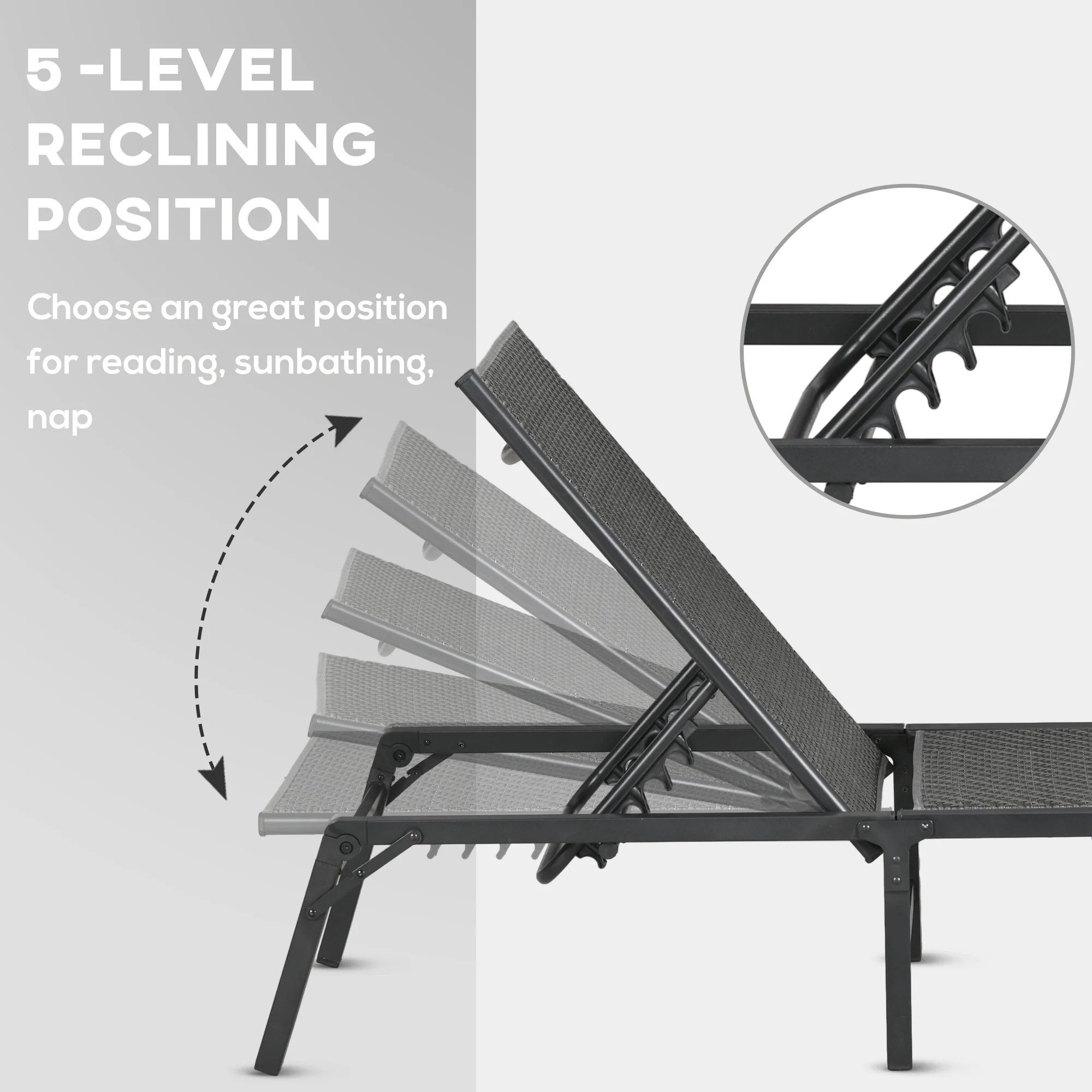 Outsunny Foldable PE Rattan Sun Lounger w/ 5-Level Adjustable Backrest, Grey - Image 4
