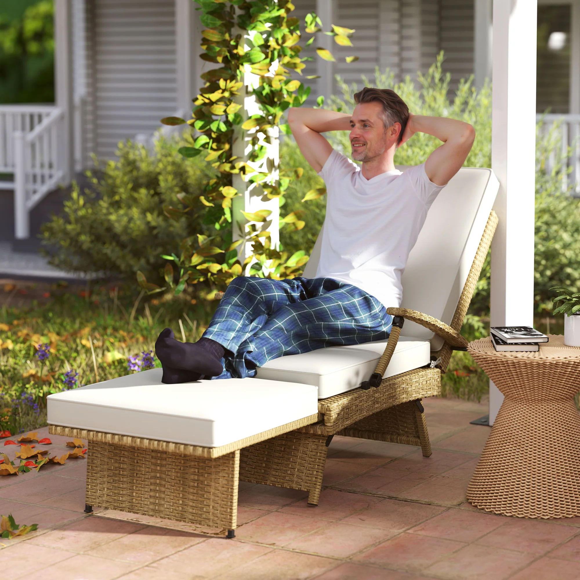 Outsunny Foldable Rattan Garden Recliner Chair w/ Cushion, Footrest - Image 11