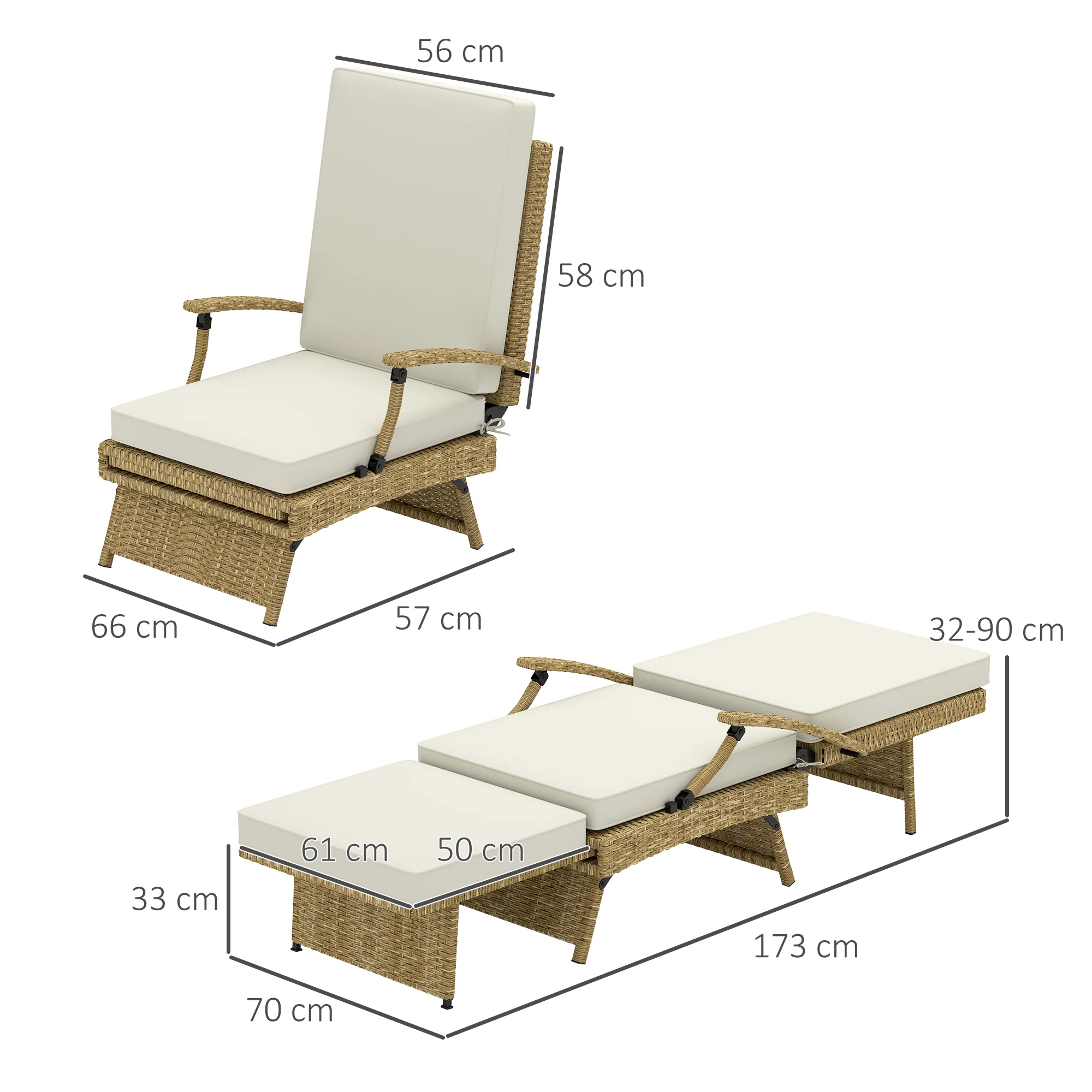 Outsunny Foldable Rattan Garden Recliner Chair w/ Cushion, Footrest - Image 14