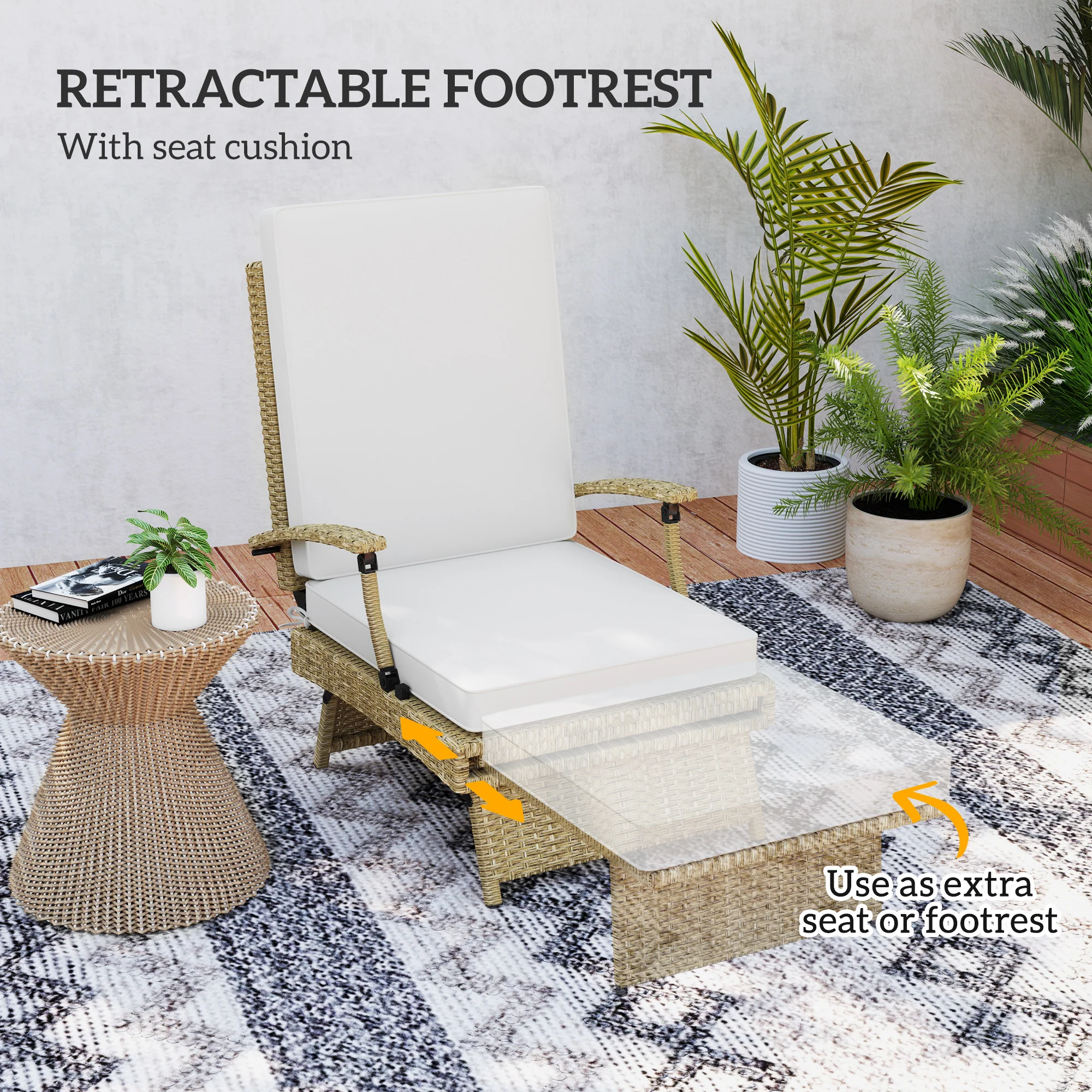 Outsunny Foldable Rattan Garden Recliner Chair w/ Cushion, Footrest - Image 15