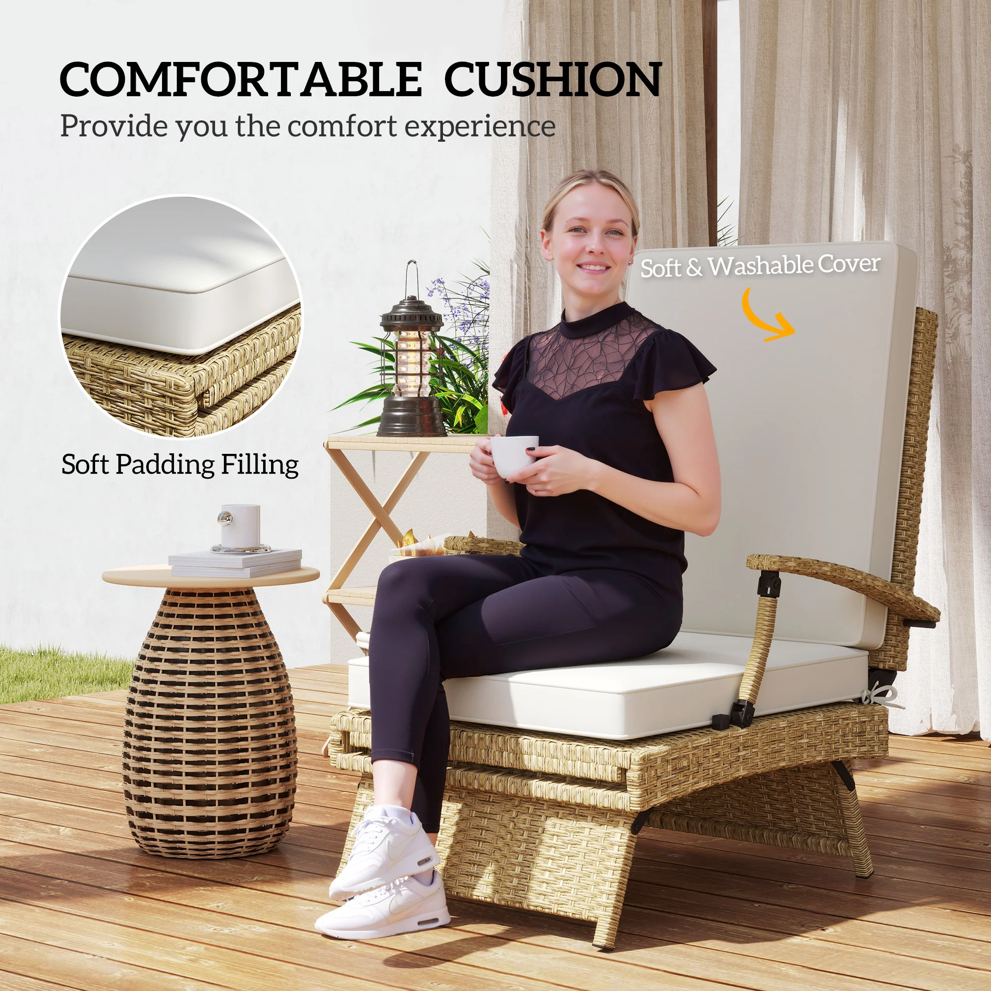 Outsunny Foldable Rattan Garden Recliner Chair w/ Cushion, Footrest - Image 16