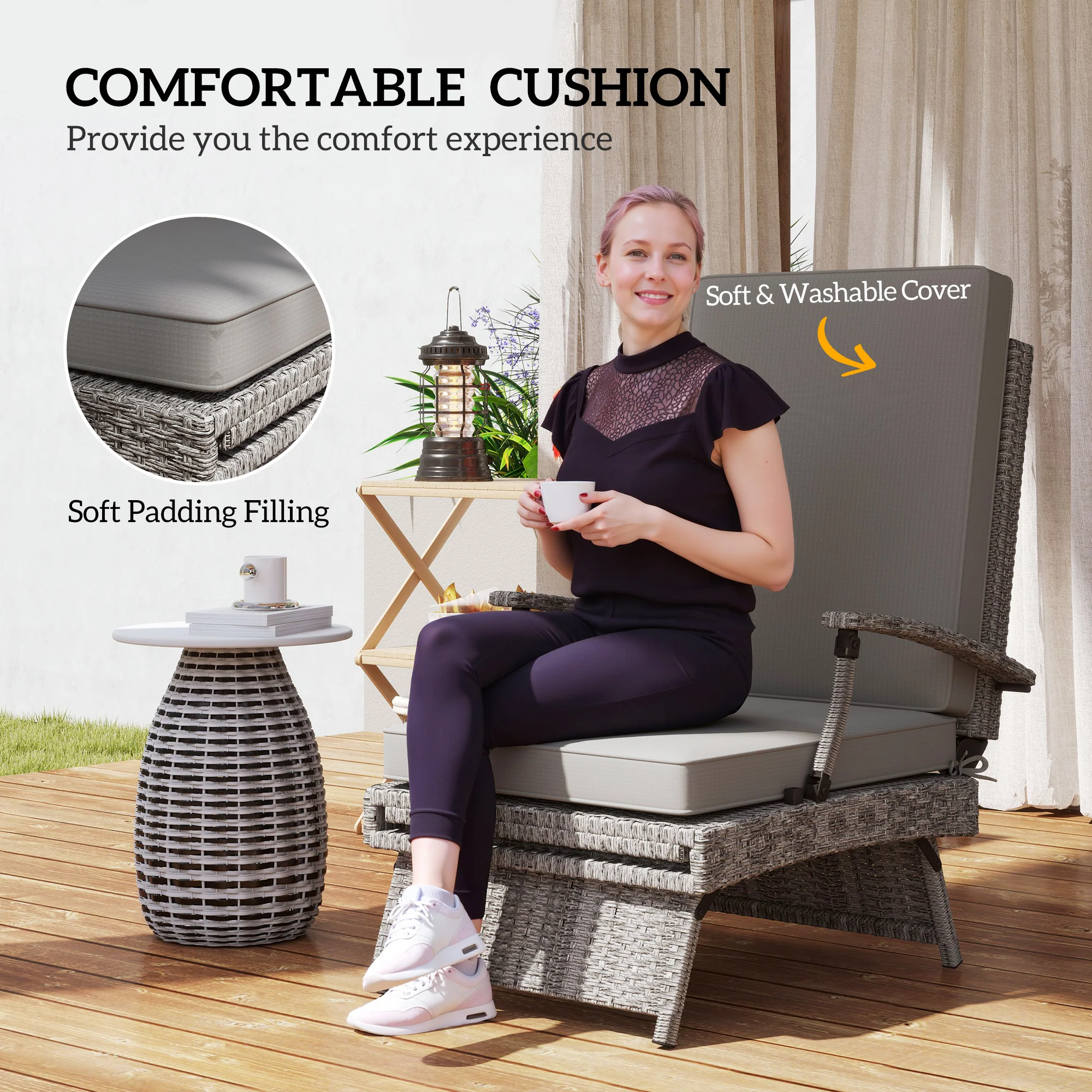 Outsunny Foldable Rattan Garden Recliner Chair w/ Cushion, Footrest - Image 7