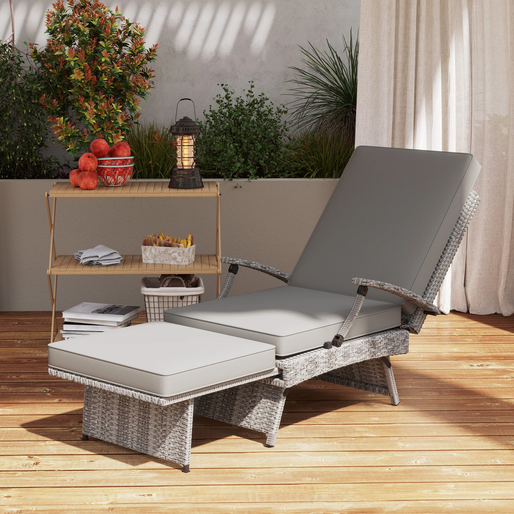 Outsunny Foldable Rattan Garden Recliner Chair w/ Cushion, Footrest - Image 8