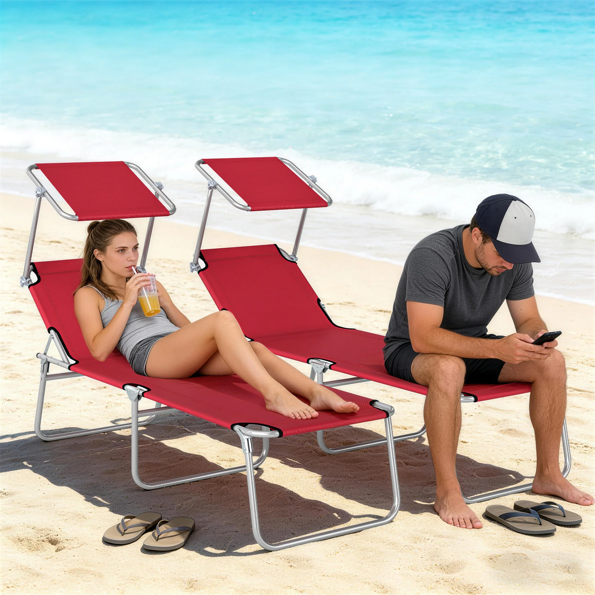 Outsunny Foldable Sun Lounger Set of 2, 4 Level Adjustable Backrest - Image 2