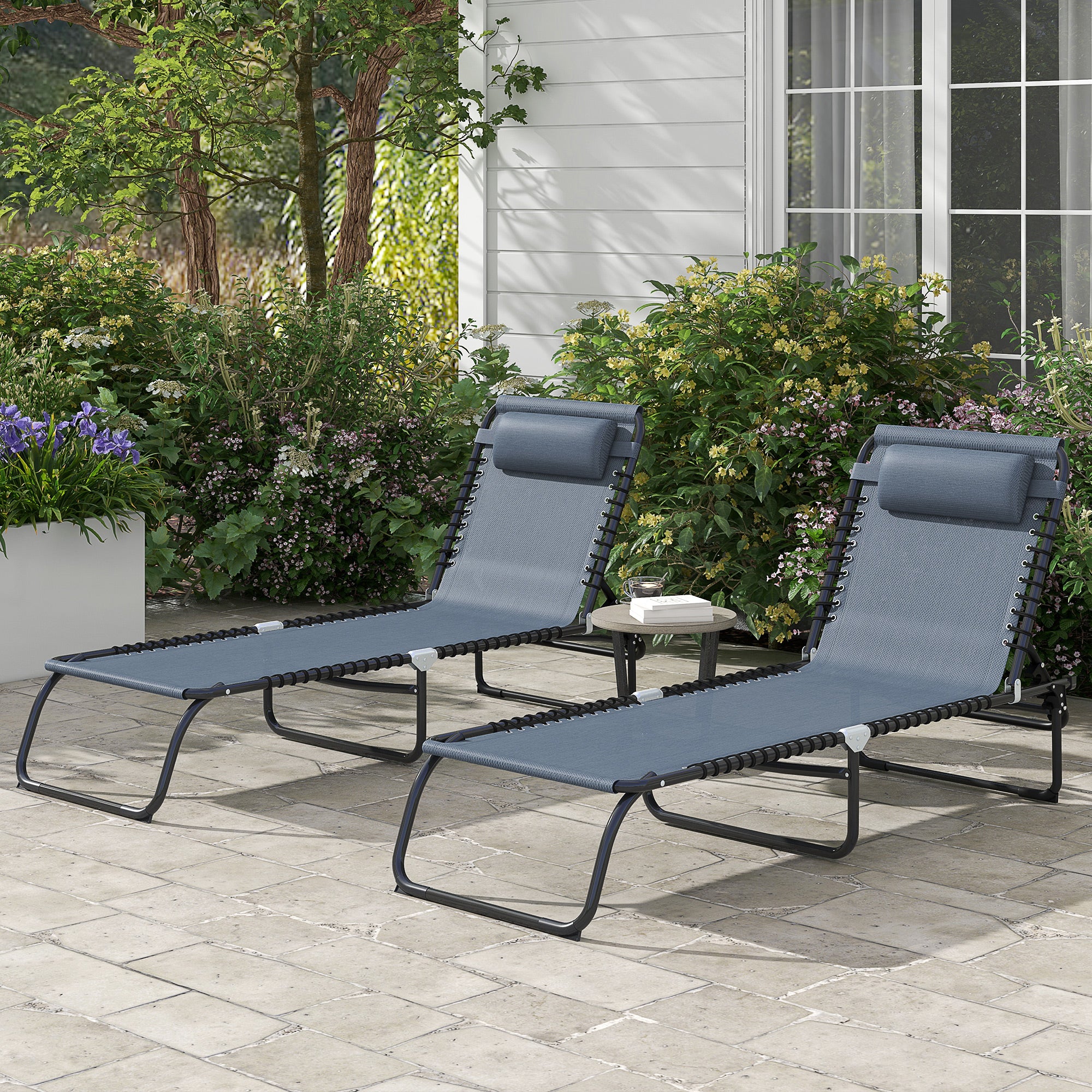 Set Of 2 Outsunny Folding Beach Chair Chaise Lounge 4 Adjustable Positions - Image 11