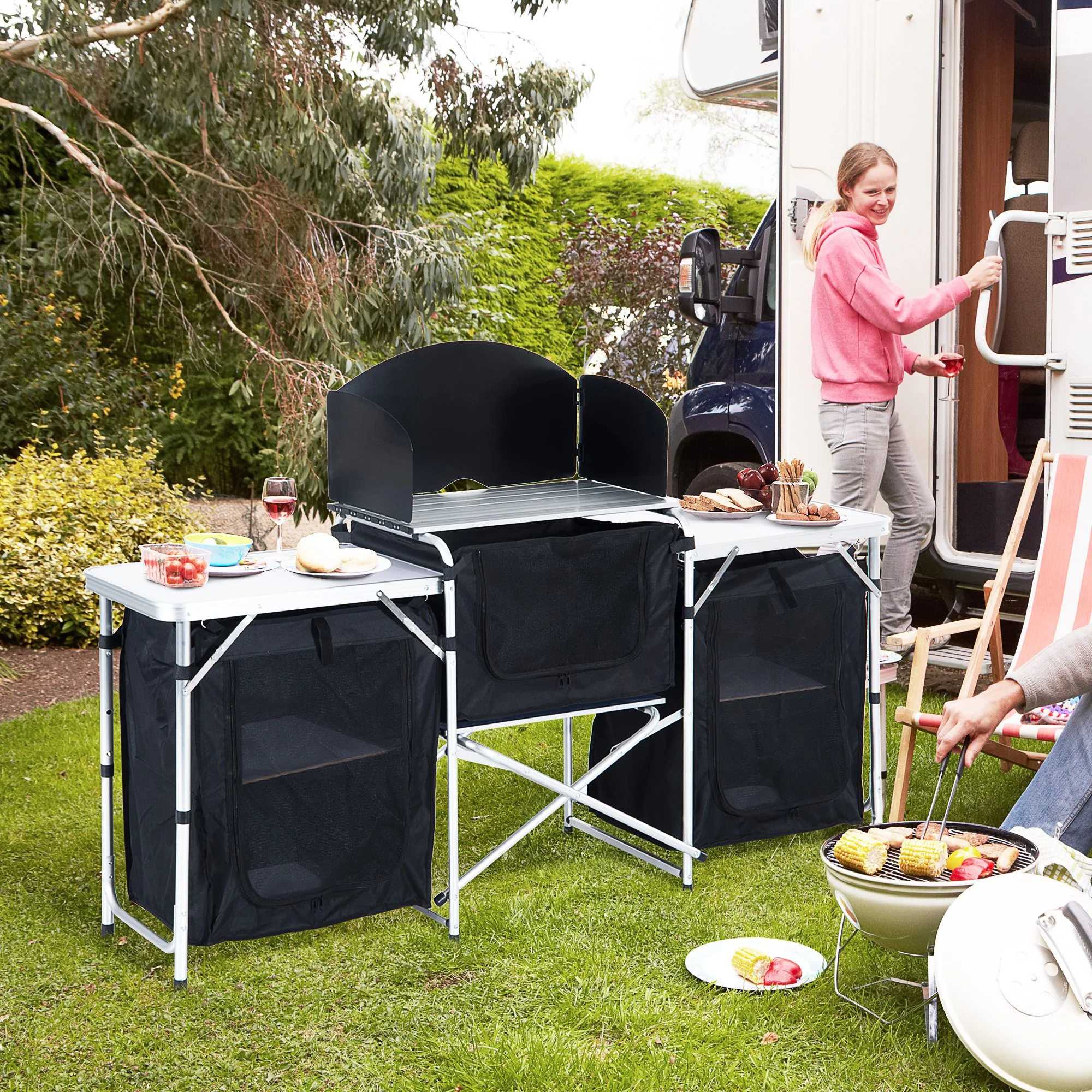 Outsunny Folding Camping Kitchen Portable Cooking Table Picnic Storage Cabinet - Image 2