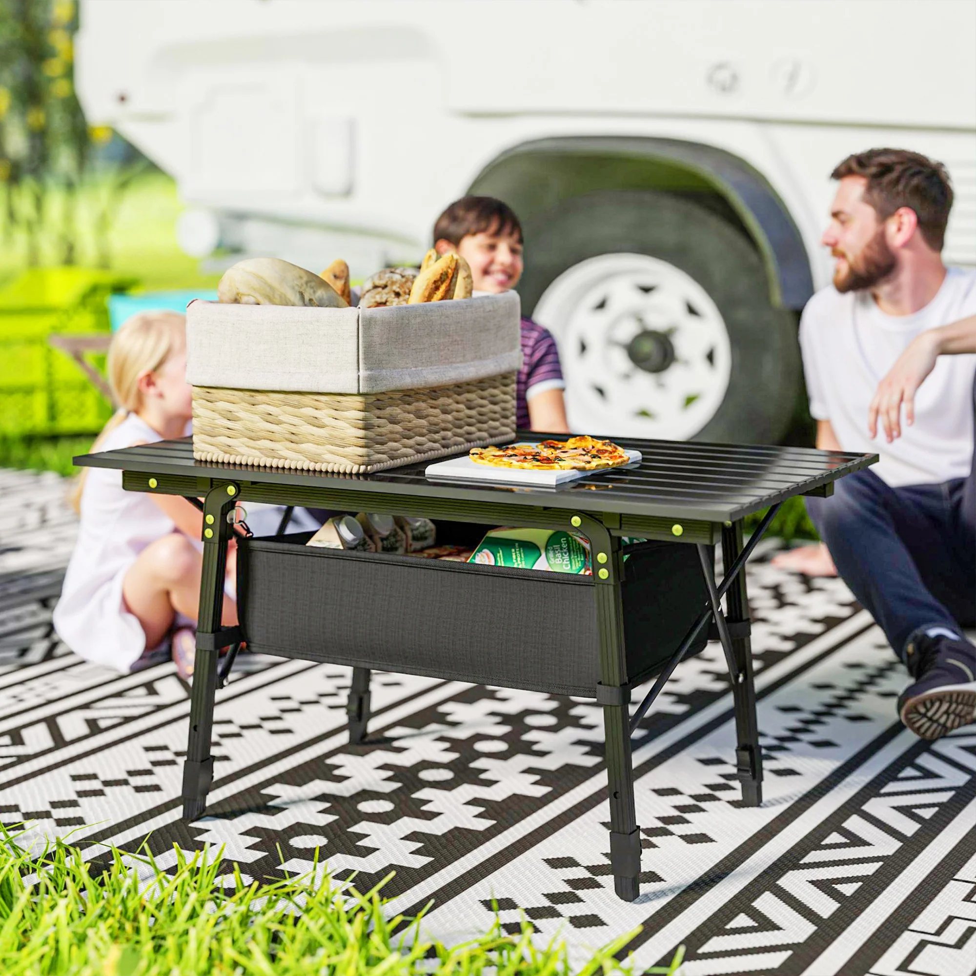 Outsunny Folding Camping Table w/ Adjustable Height, Storage Basket, Black - Image 2