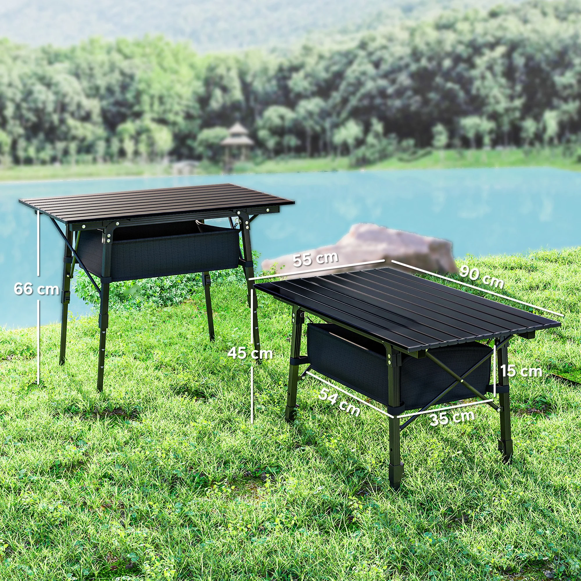 Outsunny Folding Camping Table w/ Adjustable Height, Storage Basket, Black - Image 5