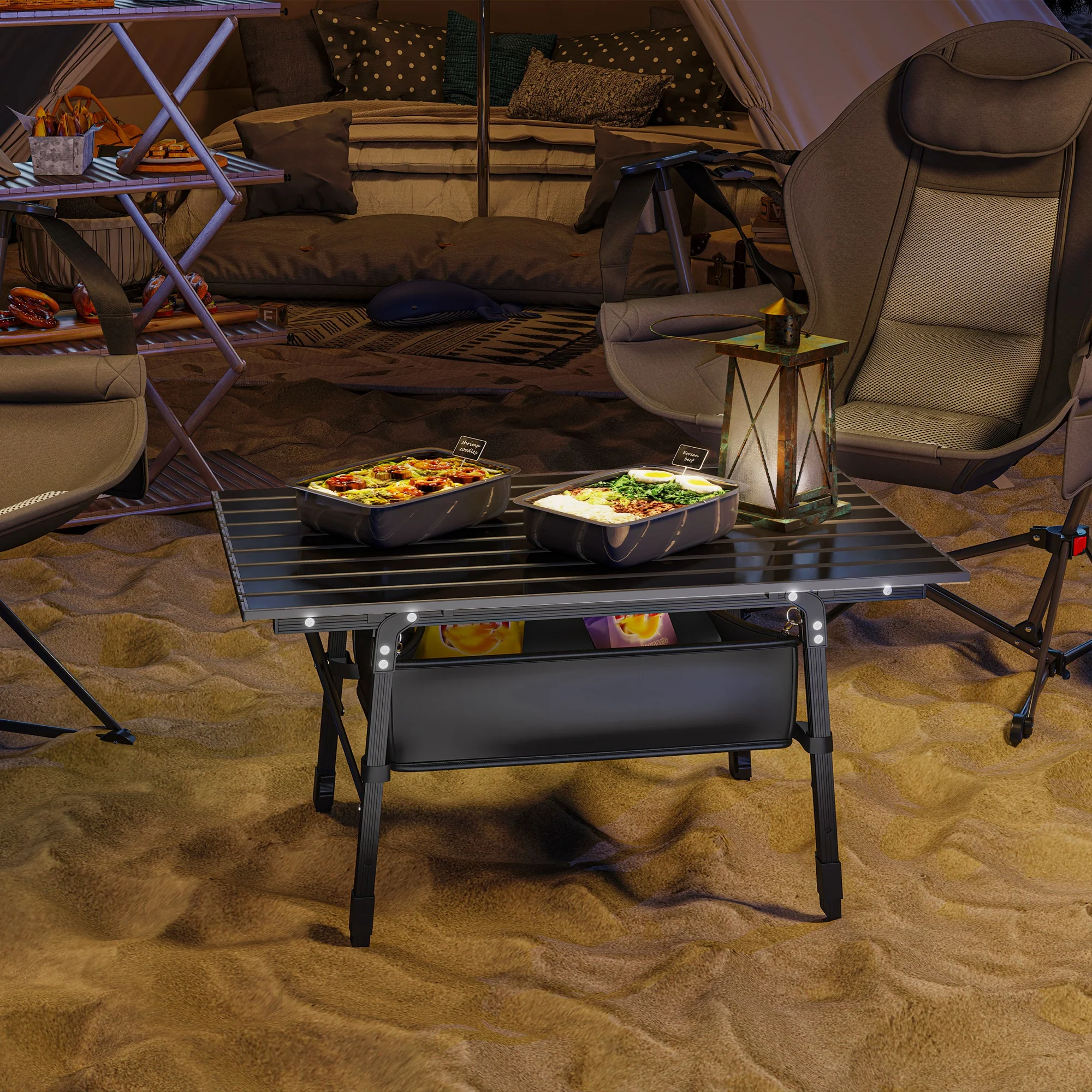 Outsunny Folding Camping Table w/ Adjustable Height, Storage Basket, Black - Image 8