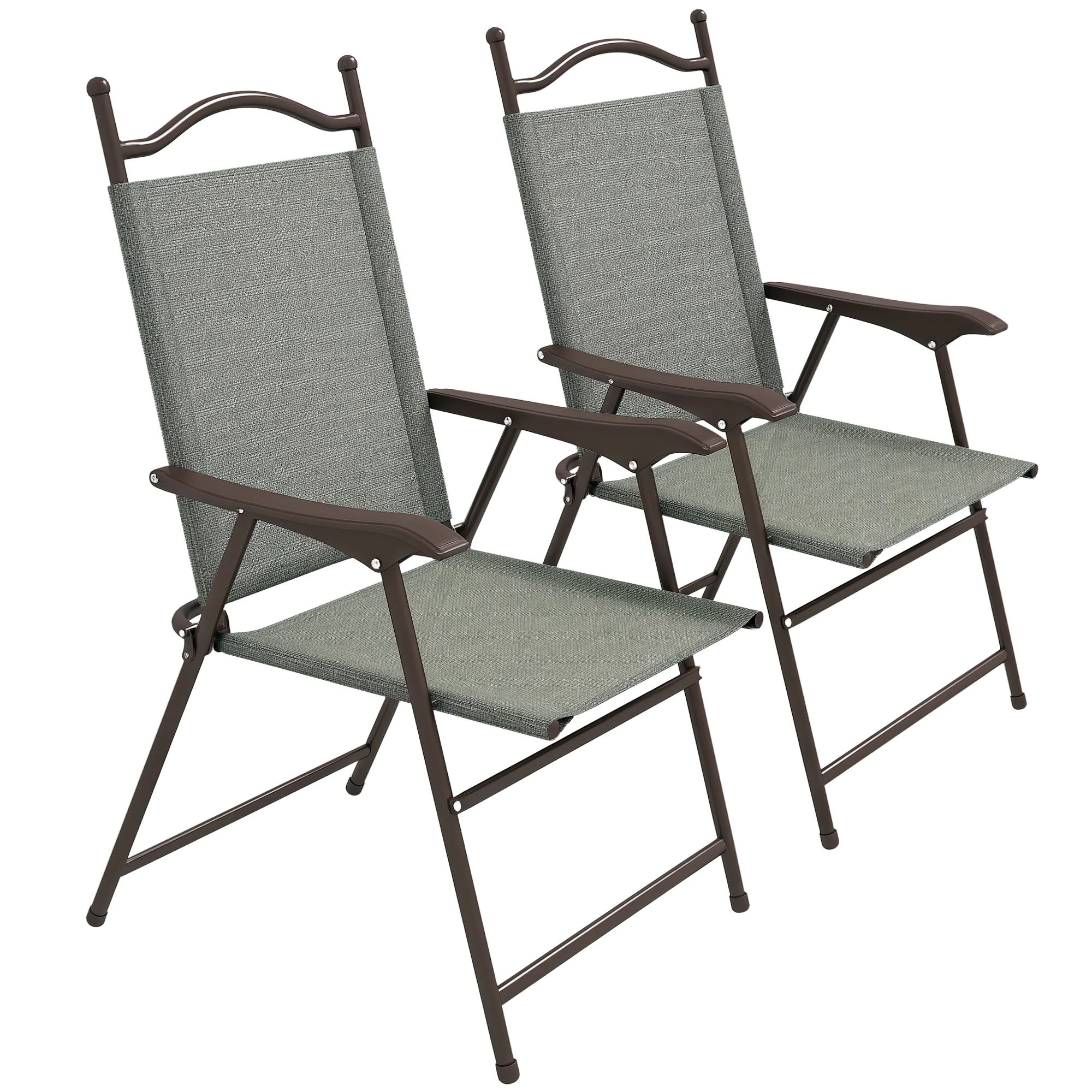 Outsunny Folding Chairs Set W/ Armrest, Breathable Mesh Fabric Seat - Grey/Brown - Image 10