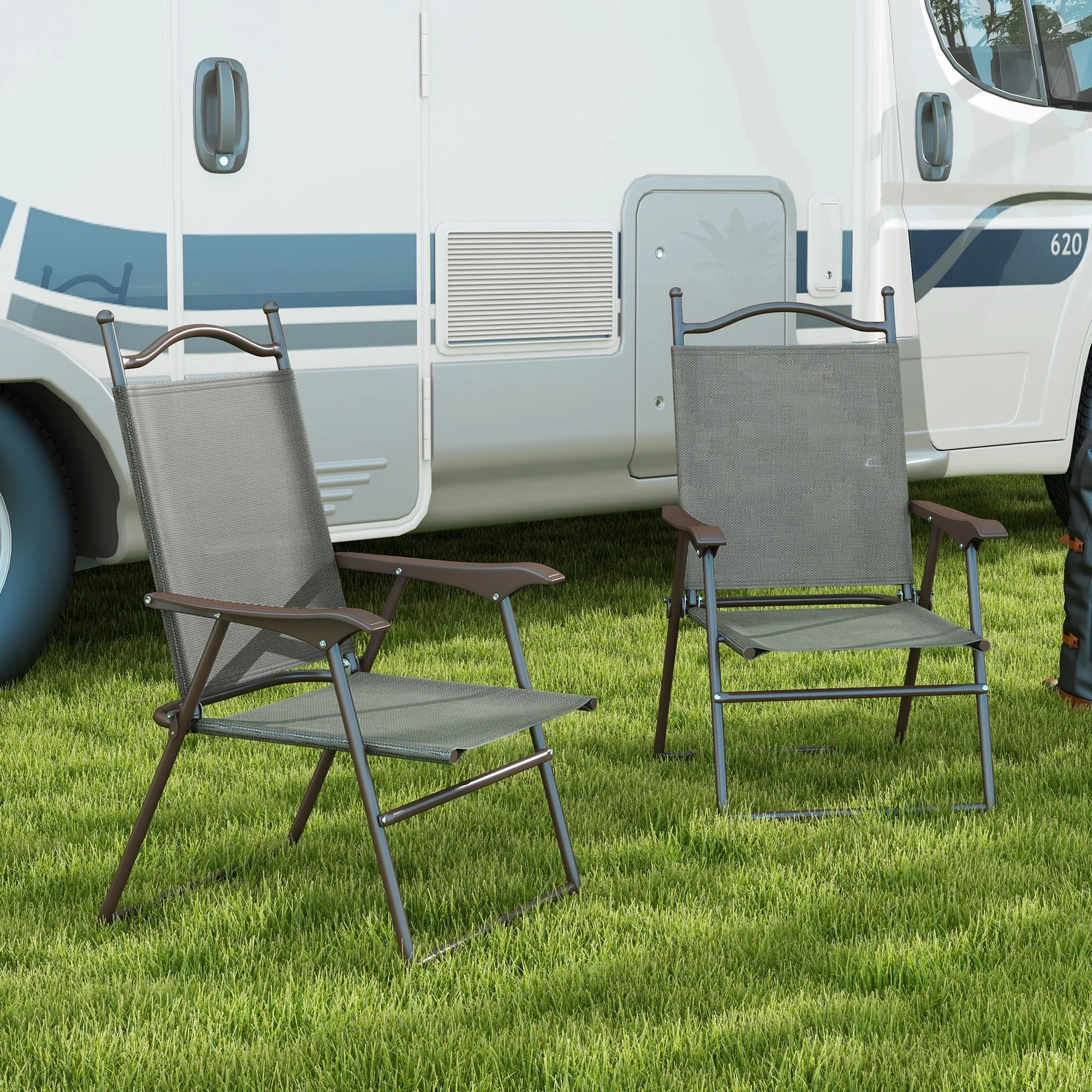 Outsunny Folding Chairs Set W/ Armrest, Breathable Mesh Fabric Seat - Grey/Brown - Image 11