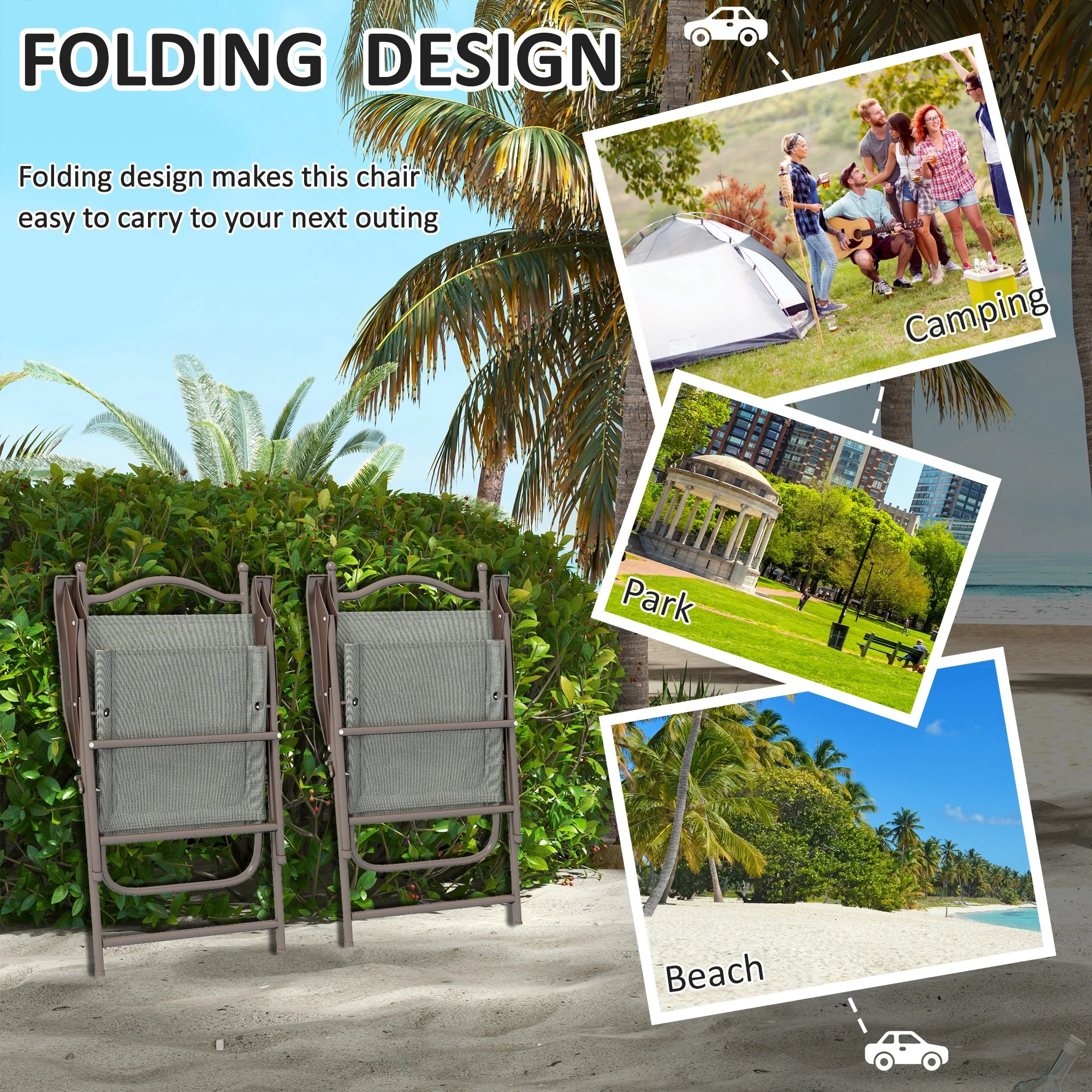 Outsunny Folding Chairs Set W/ Armrest, Breathable Mesh Fabric Seat - Grey/Brown - Image 12