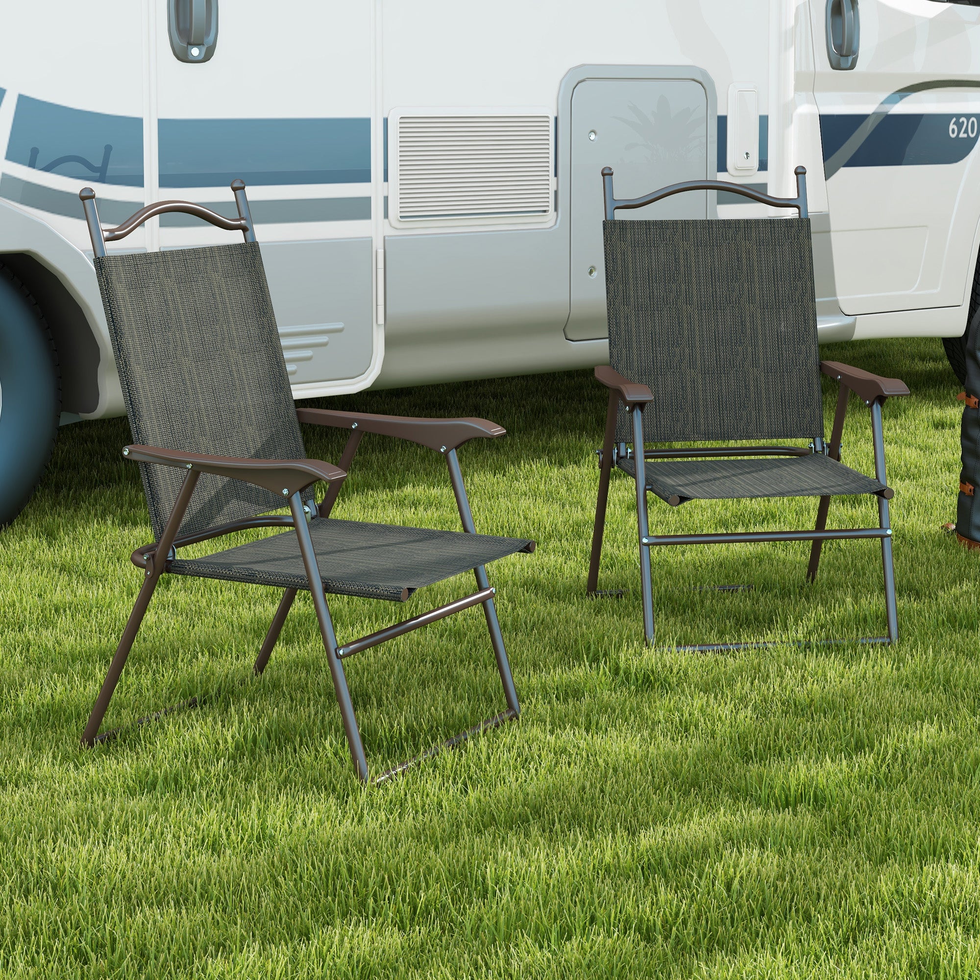 Outsunny Folding Chairs Set W/ Armrest, Breathable Mesh Fabric Seat - Grey/Brown - Image 19