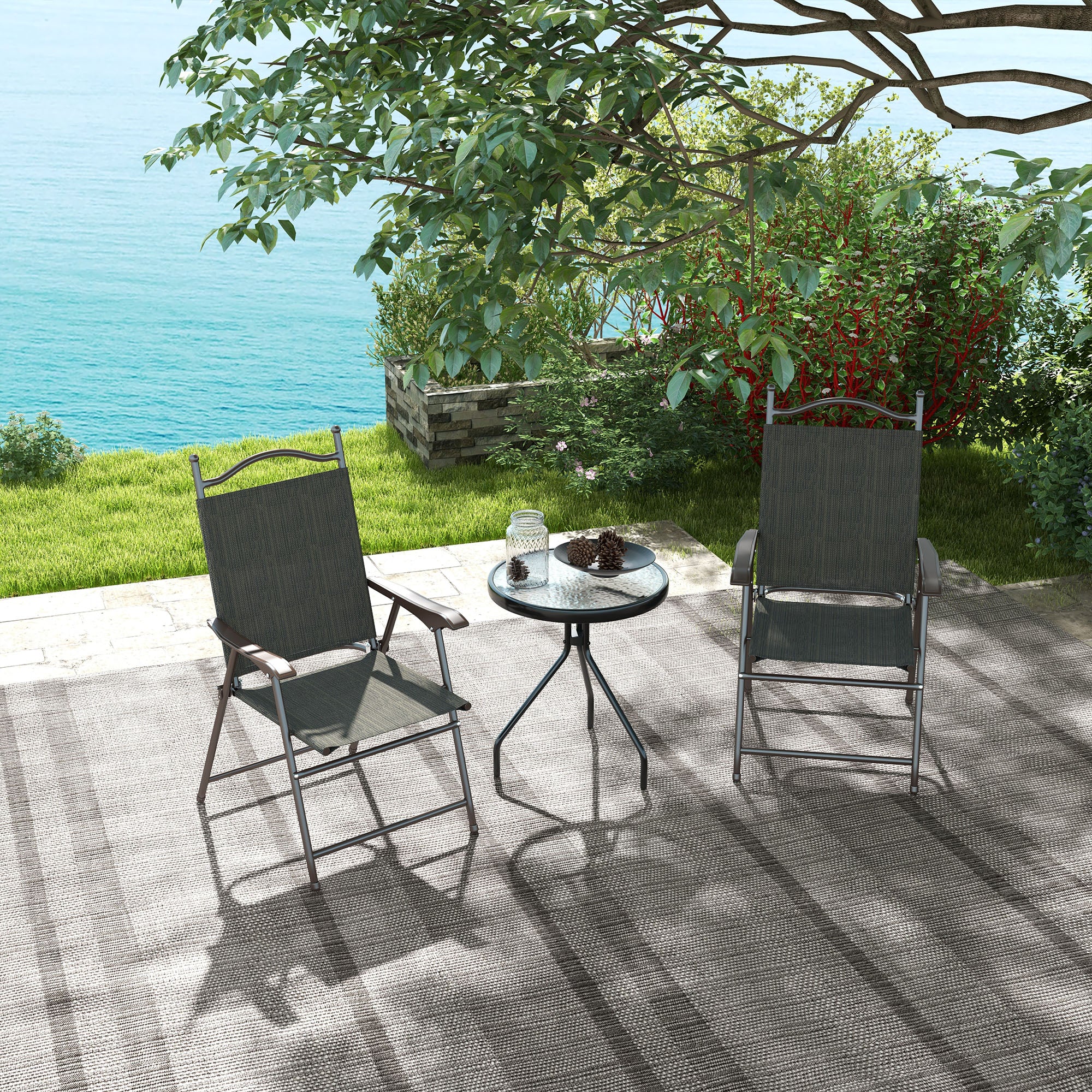Outsunny Folding Chairs Set W/ Armrest, Breathable Mesh Fabric Seat - Grey/Brown - Image 24
