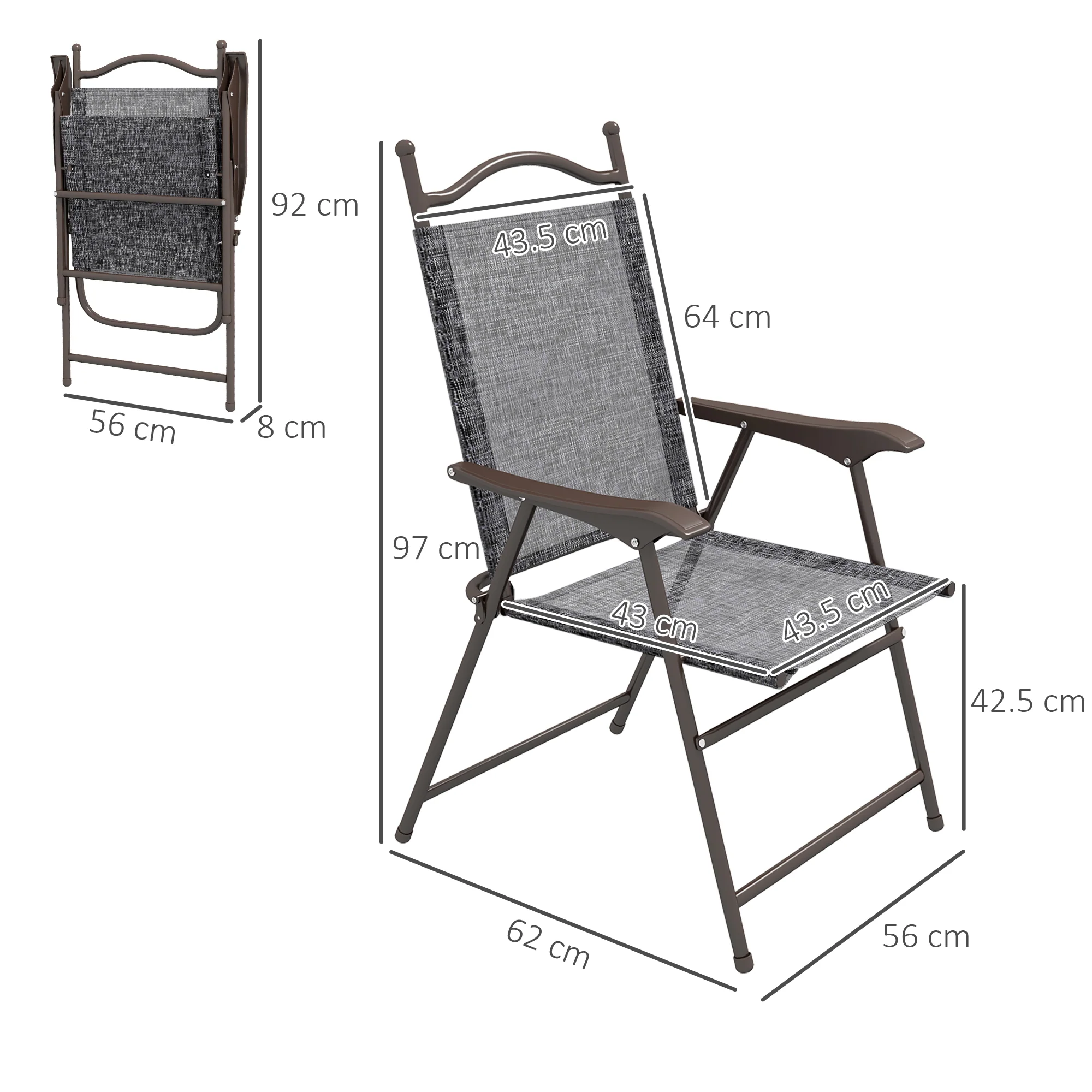 Outsunny Folding Chairs Set W/ Armrest, Breathable Mesh Fabric Seat - Grey/Brown - Image 5