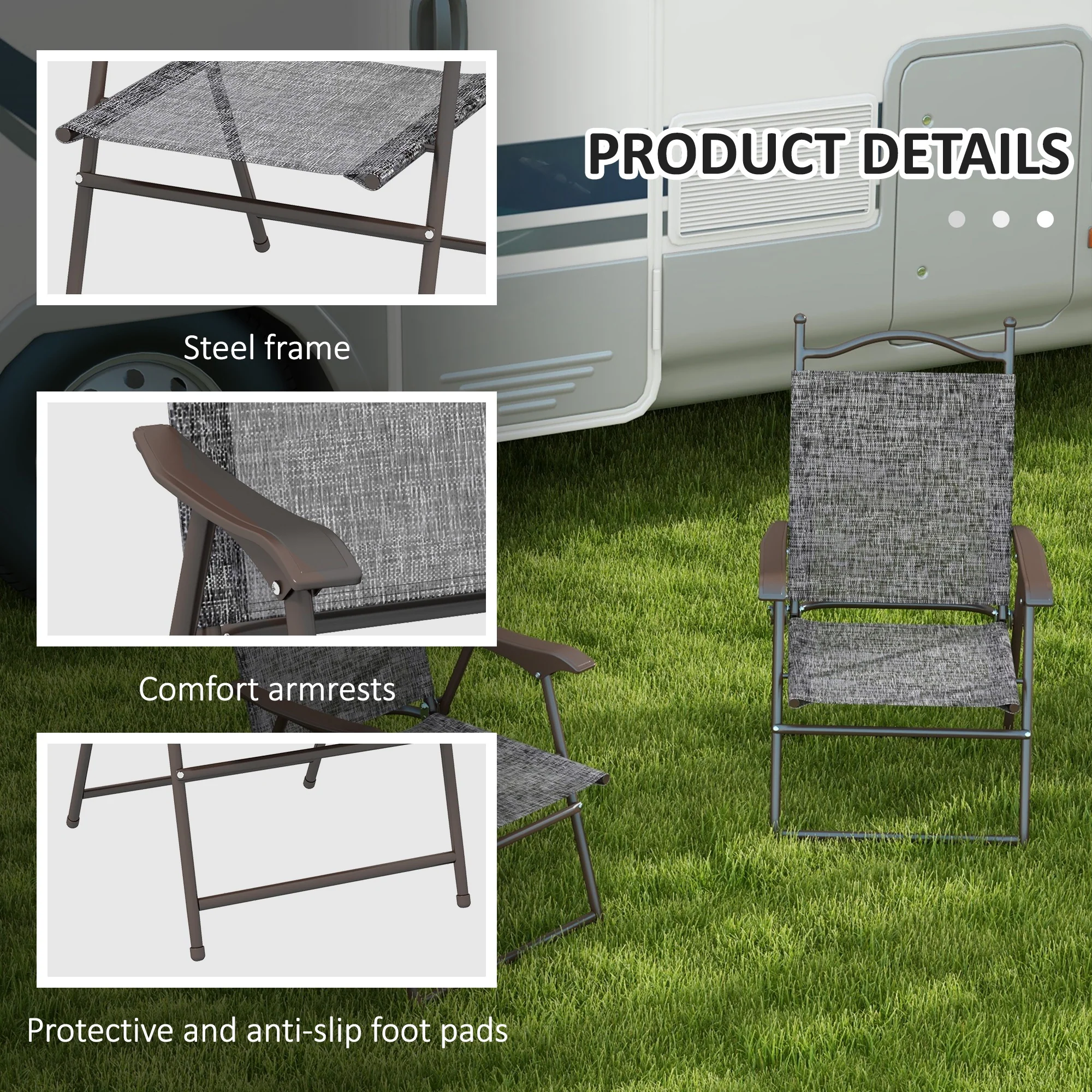 Outsunny Folding Chairs Set W/ Armrest, Breathable Mesh Fabric Seat - Grey/Brown - Image 6