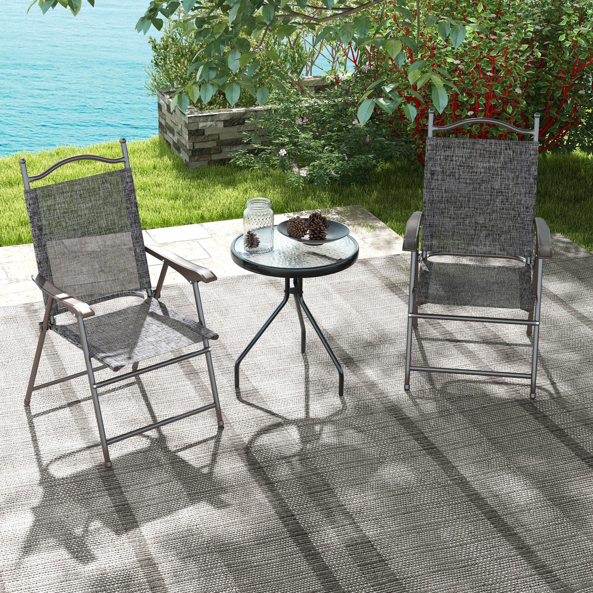Outsunny Folding Chairs Set W/ Armrest, Breathable Mesh Fabric Seat - Grey/Brown - Image 7