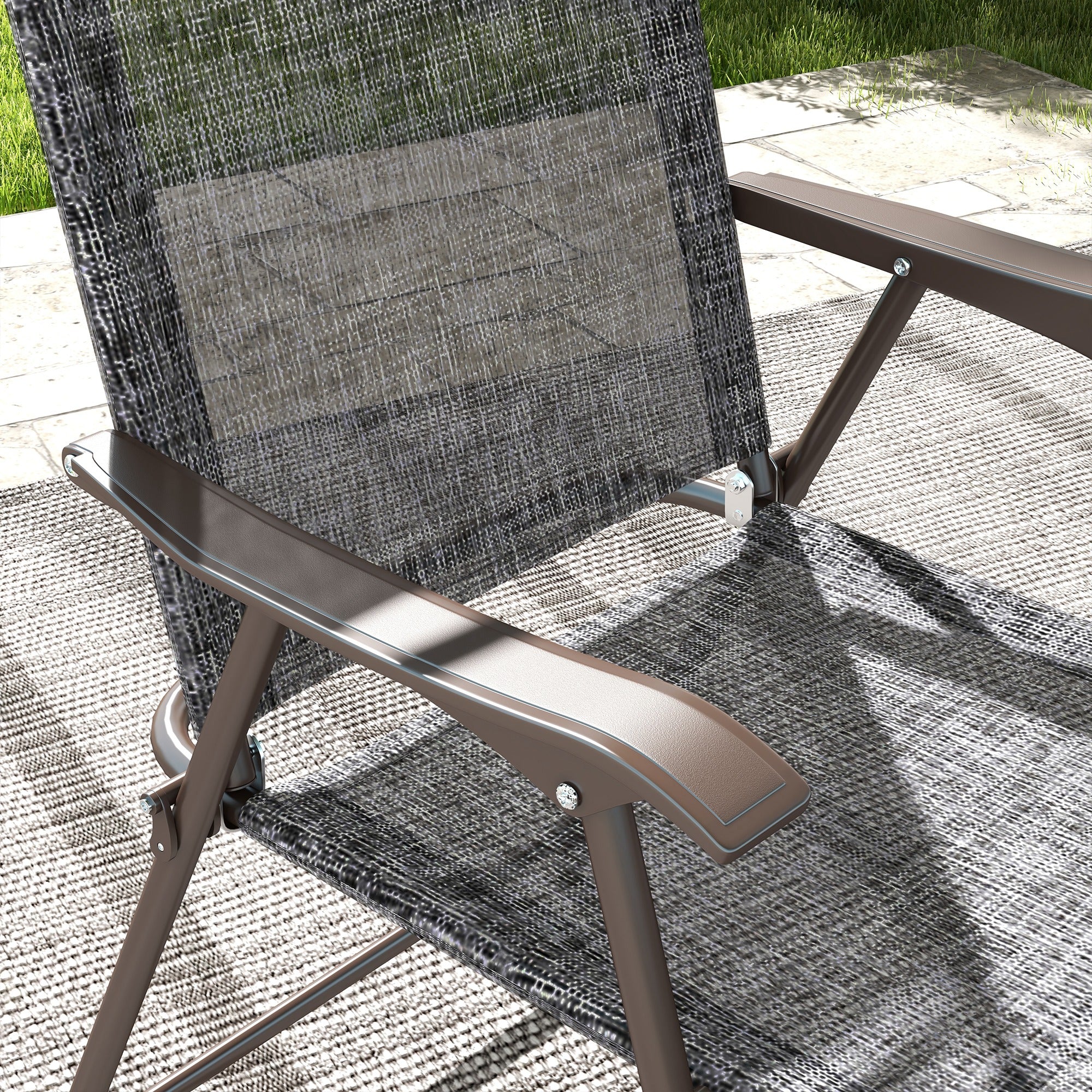 Outsunny Folding Chairs Set W/ Armrest, Breathable Mesh Fabric Seat - Grey/Brown - Image 8