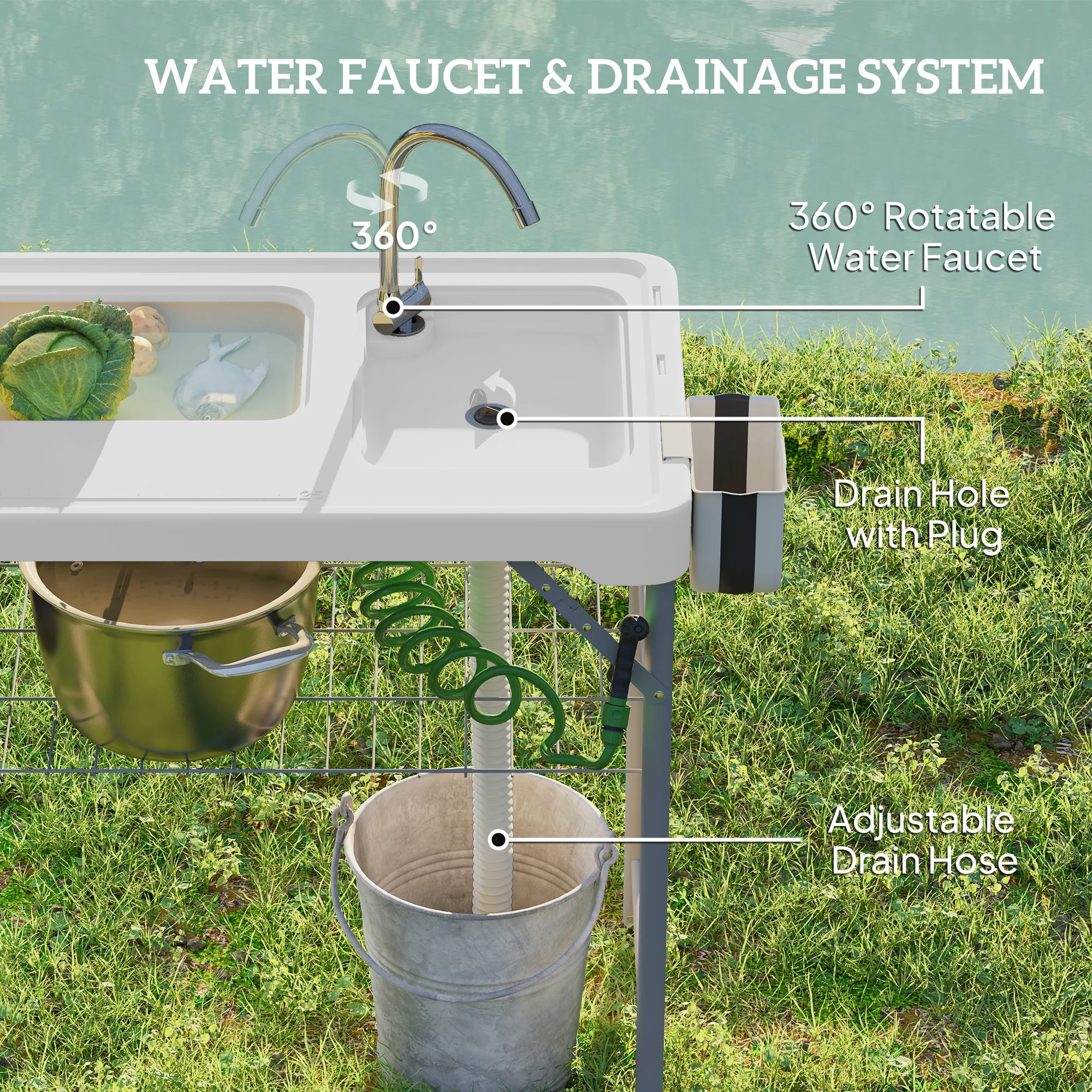 Outsunny Folding Fish Cleaning Table Camping Sink Table with Faucet, White - Image 3
