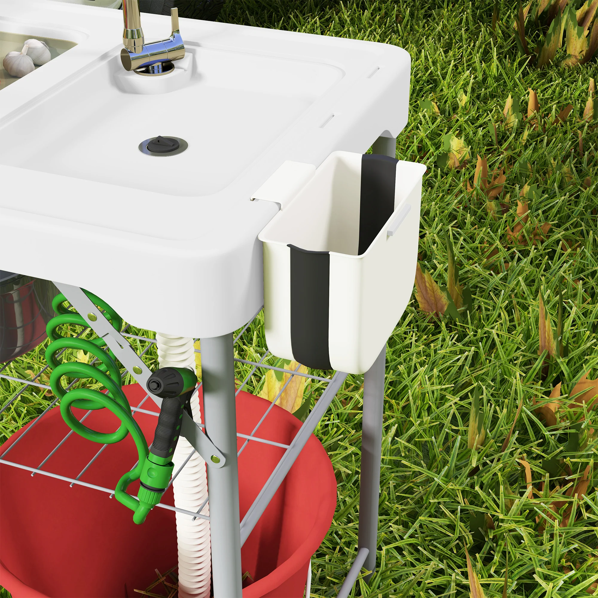Outsunny Folding Fish Cleaning Table Camping Sink Table with Faucet, White - Image 9