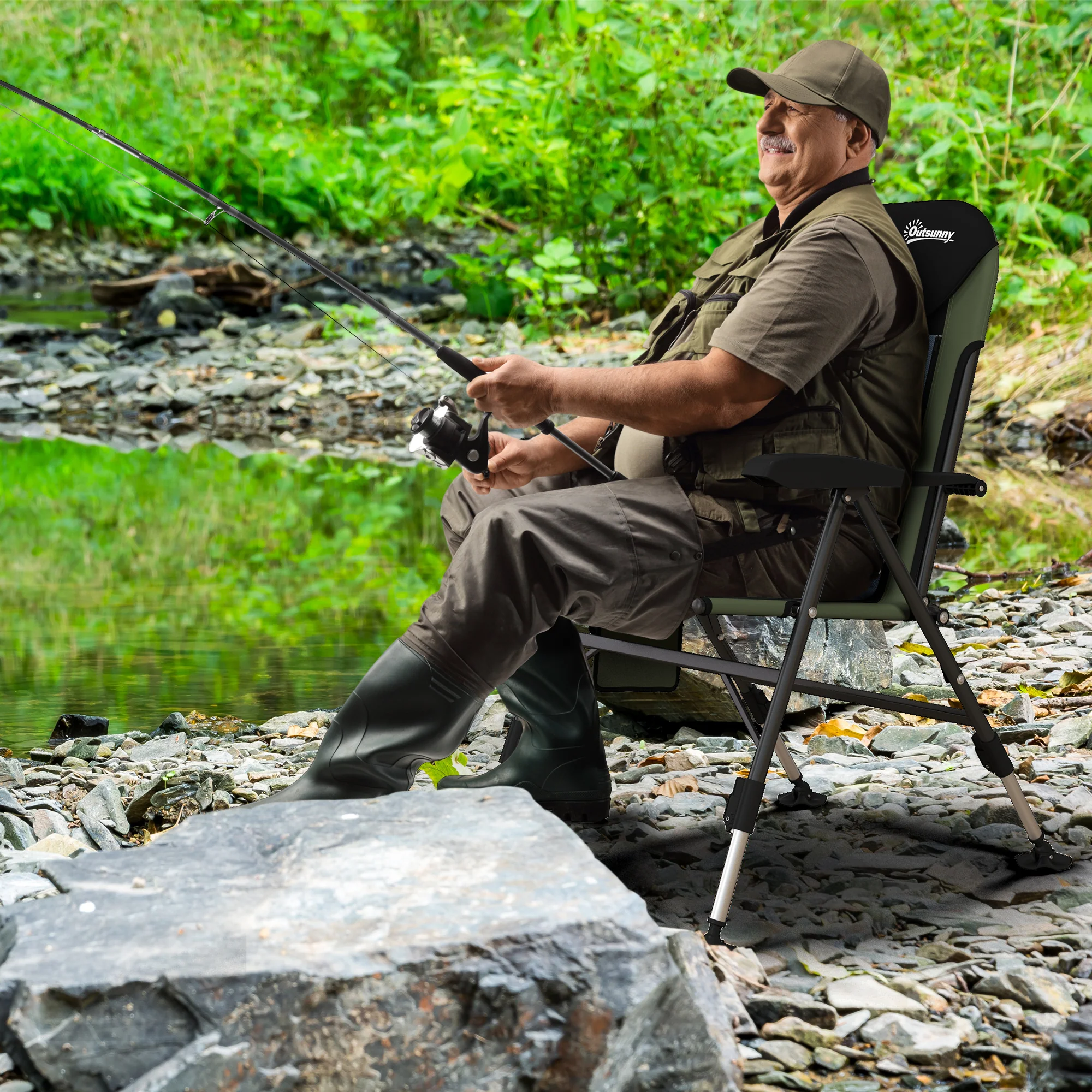 Outsunny Folding Fishing Chair Camping Chair with 7-Level Adjustable Backrest - Image 2