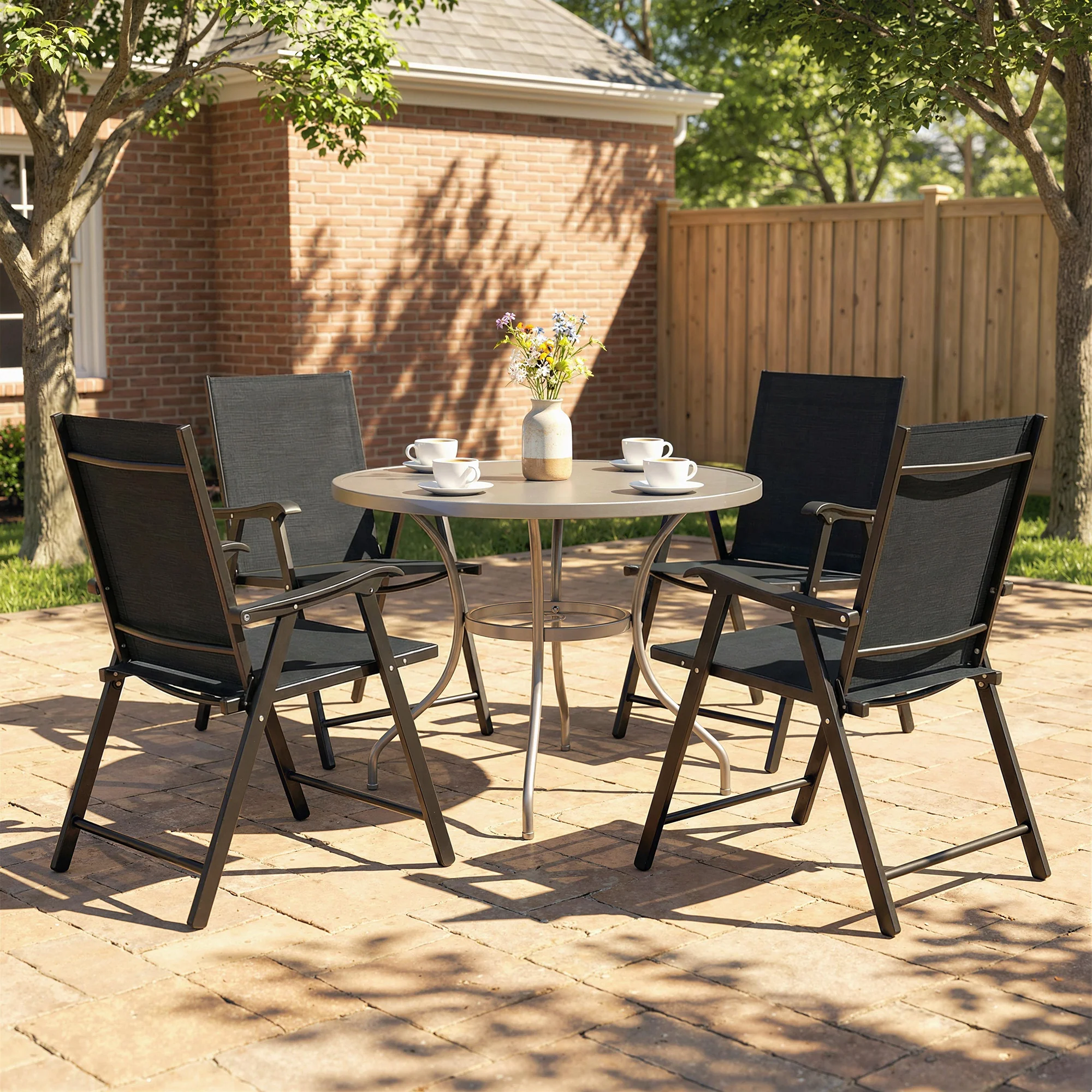 Outsunny Folding Garden Chairs Set of 4 with High Back, Armrests, Black - Image 2