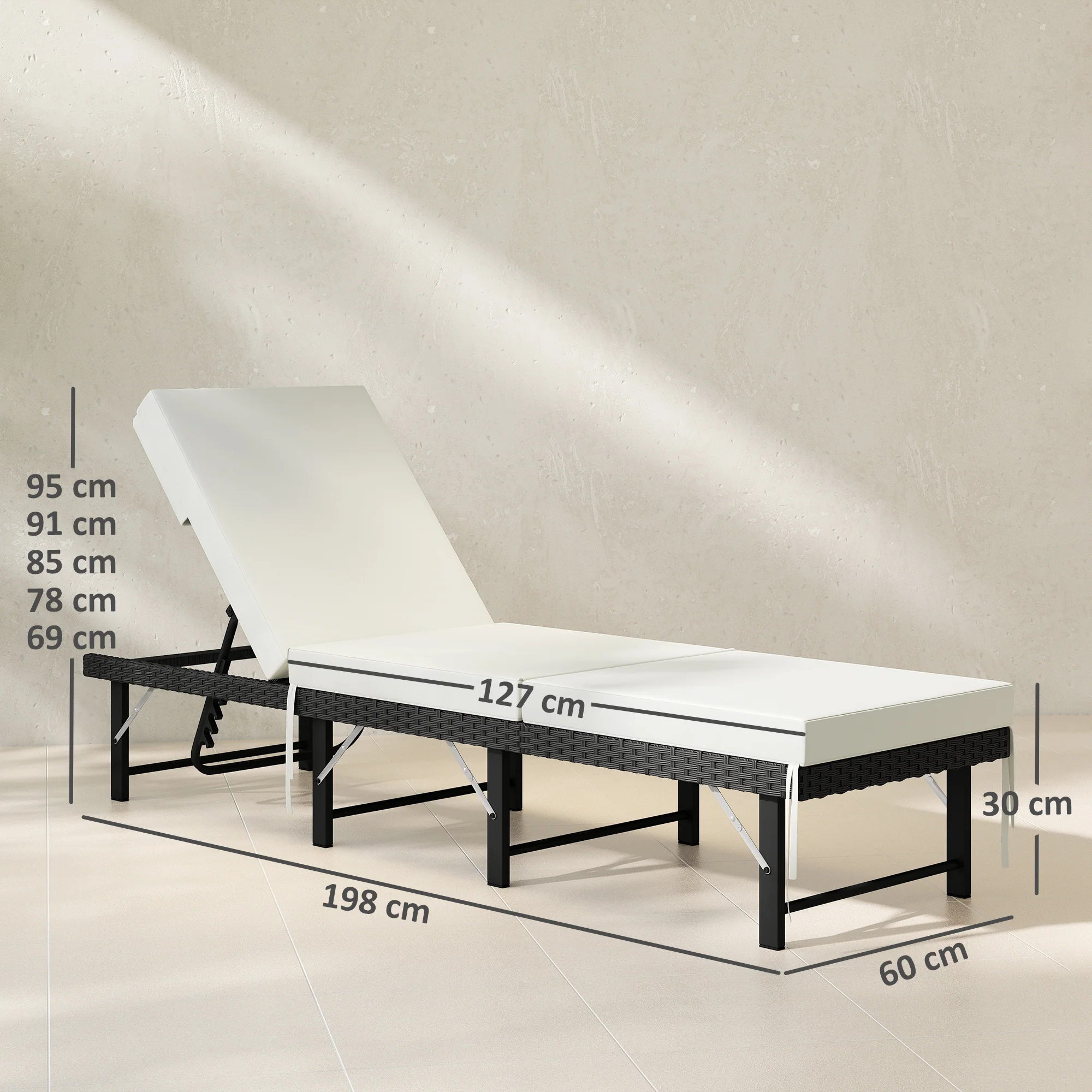 Outsunny Folding Rattan Sun Lounger with Adjustable Back, Cushion, Black - Image 3