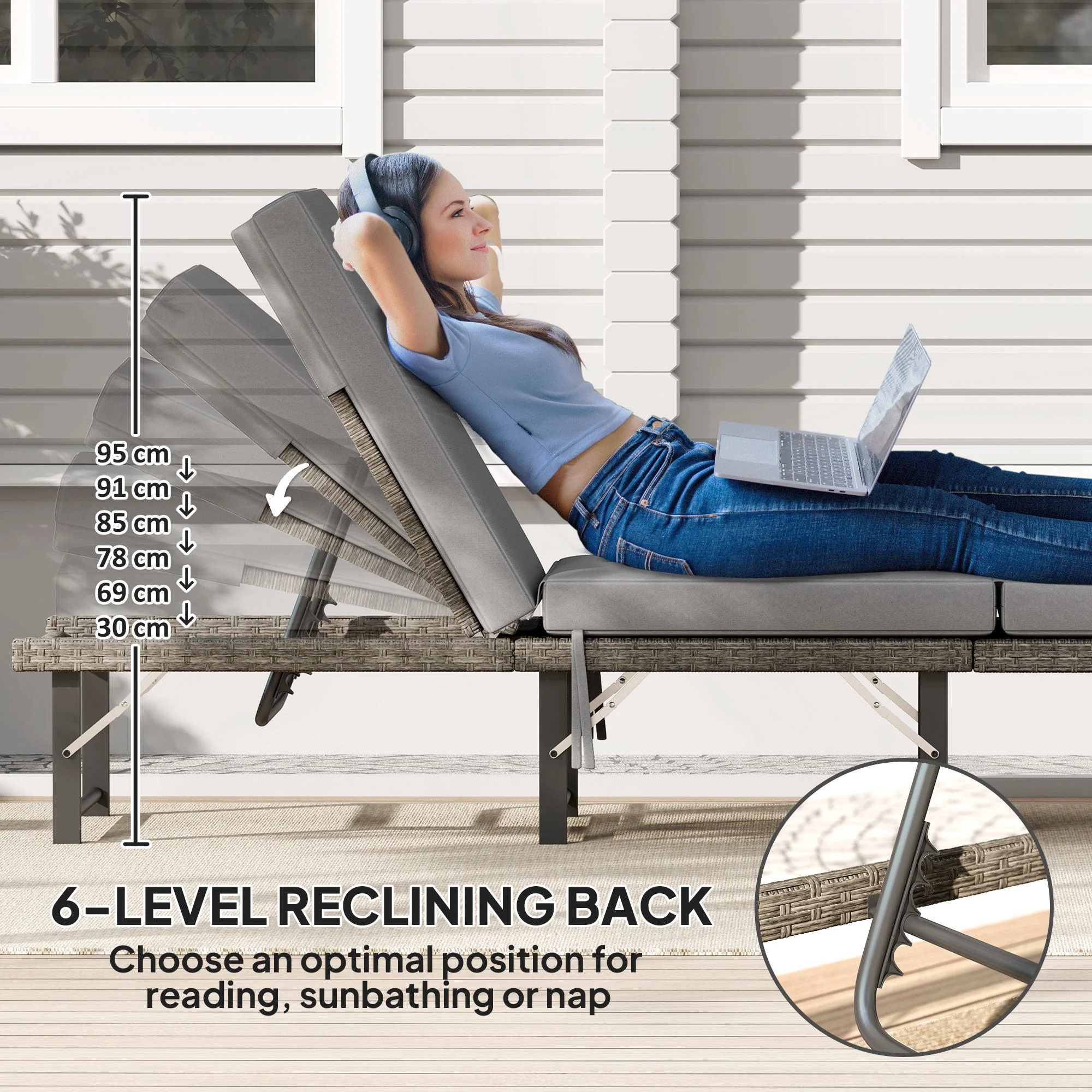 Outsunny Folding Rattan Sun Lounger With Adjustable Back, Cushion, Grey - Image 4