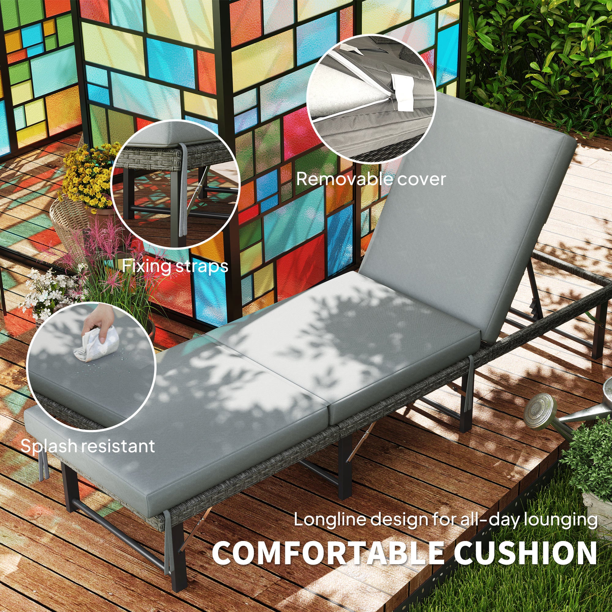 Outsunny Folding Rattan Sun Lounger With Adjustable Back, Cushion, Grey - Image 7