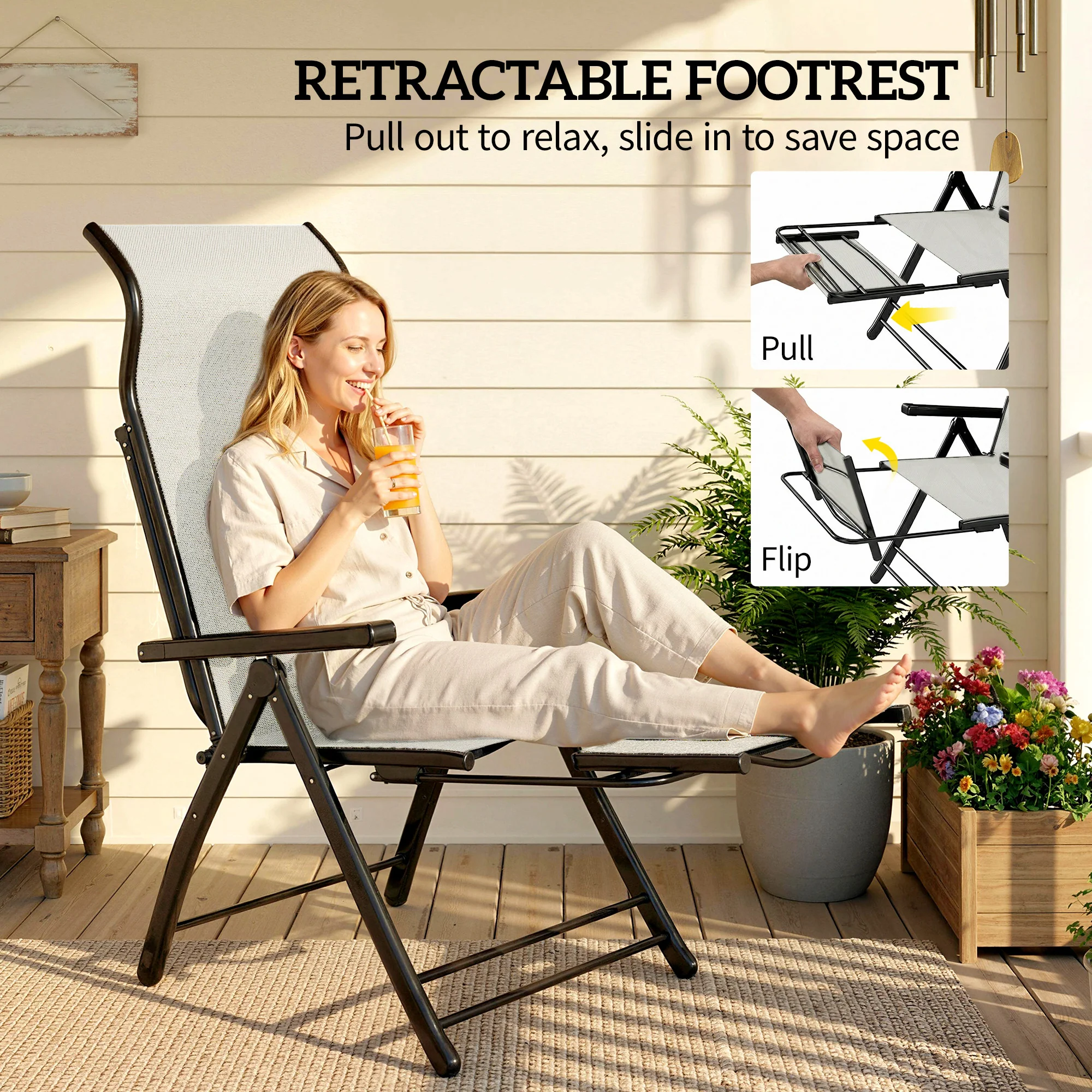 Outsunny Folding Reclining Garden Chairs Set Of 2 With Footrest, Light Grey - Image 5