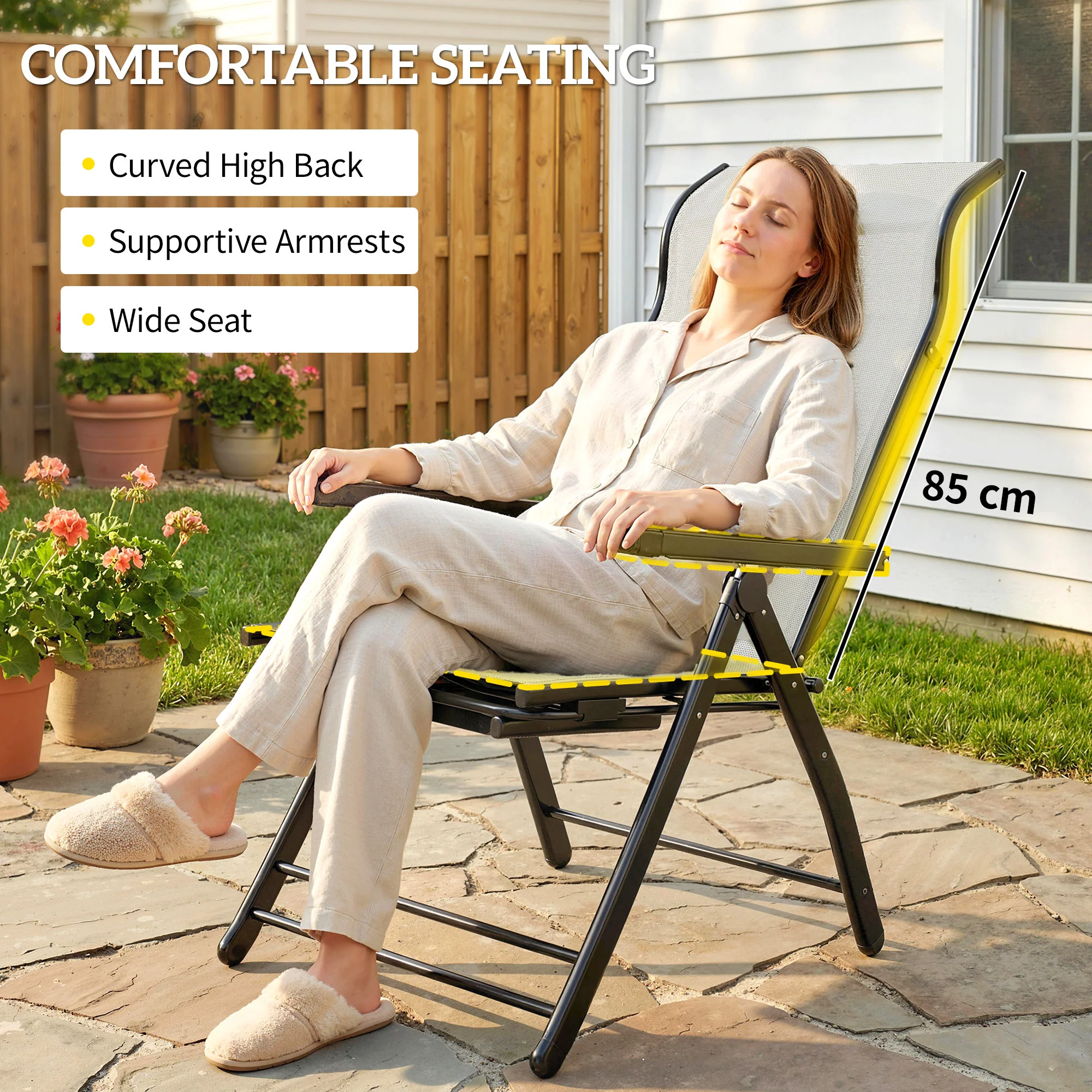 Outsunny Folding Reclining Garden Chairs Set Of 2 With Footrest, Light Grey - Image 6