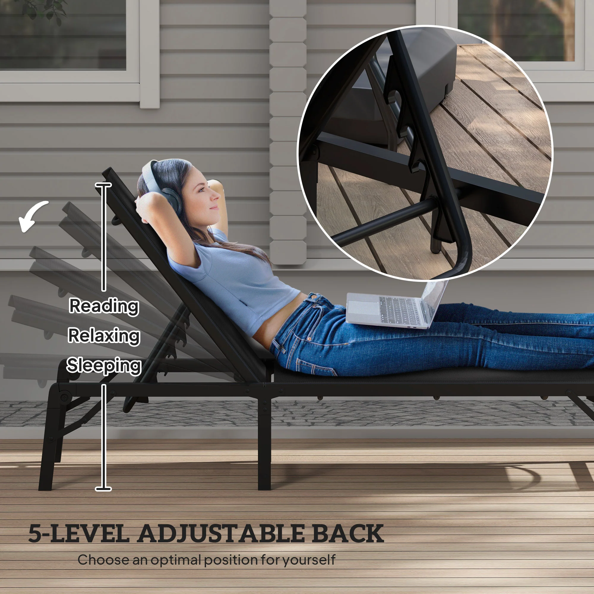 Outsunny Folding Sun Lounger, 5-Position Adjustable Sun Sunbed - Image 3