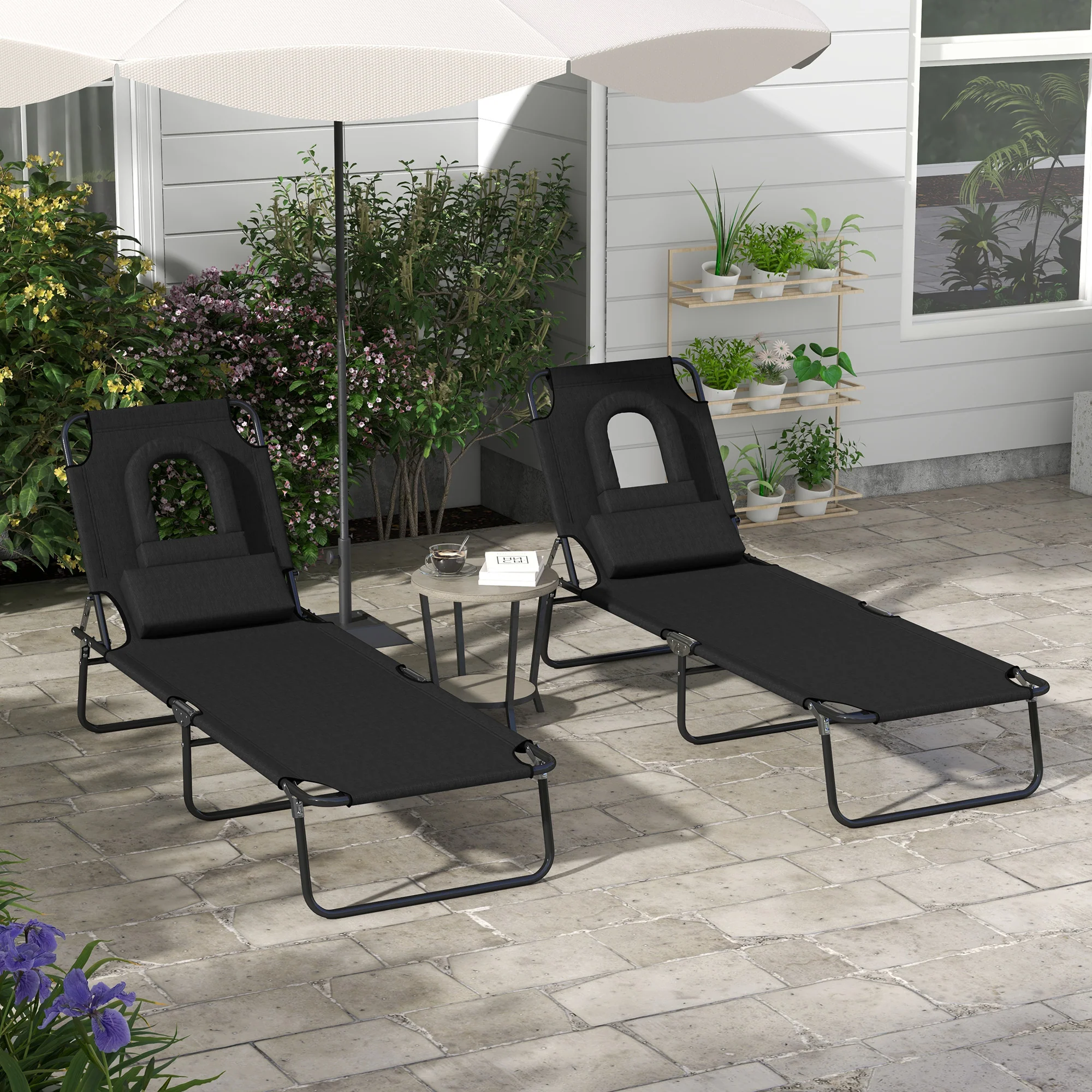 Outsunny Folding Sun Lounger Set of 2 Reclining Chair with Reading Hole Black - Image 2